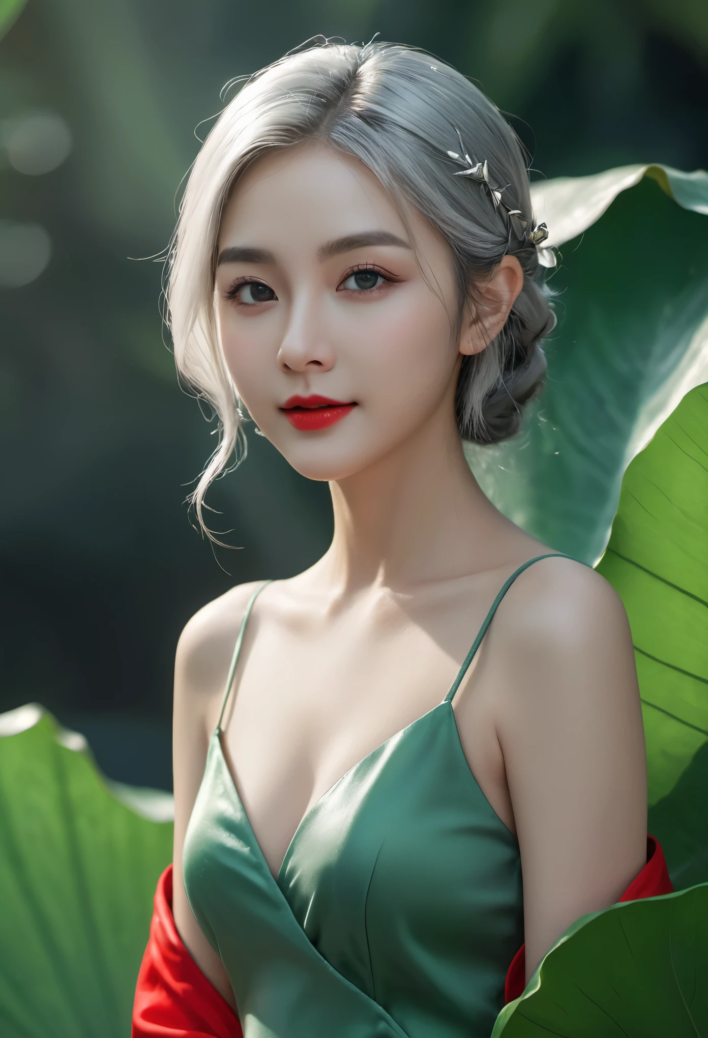 Best Quality, Masterpiece, Ultra High Resolution, (Realisticity:1.4), photorealistic, extreme detailed, Original Photo, 1girl, portrait, (fullbody), elf, silver hair, solo, (dynamic posture:1.4), mini_skirt, (dark sea green tone:1.2), giant lotus leaf, dress, looking at the audiences, long sleeves, red lips, smile, 50mm, F0.8, 8K raw, depth of field