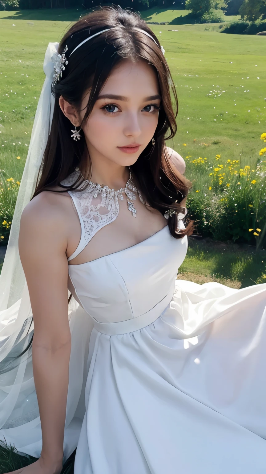 (beautiful girl) wearing white royal dress, meadow background, 4k quality, fantasy 