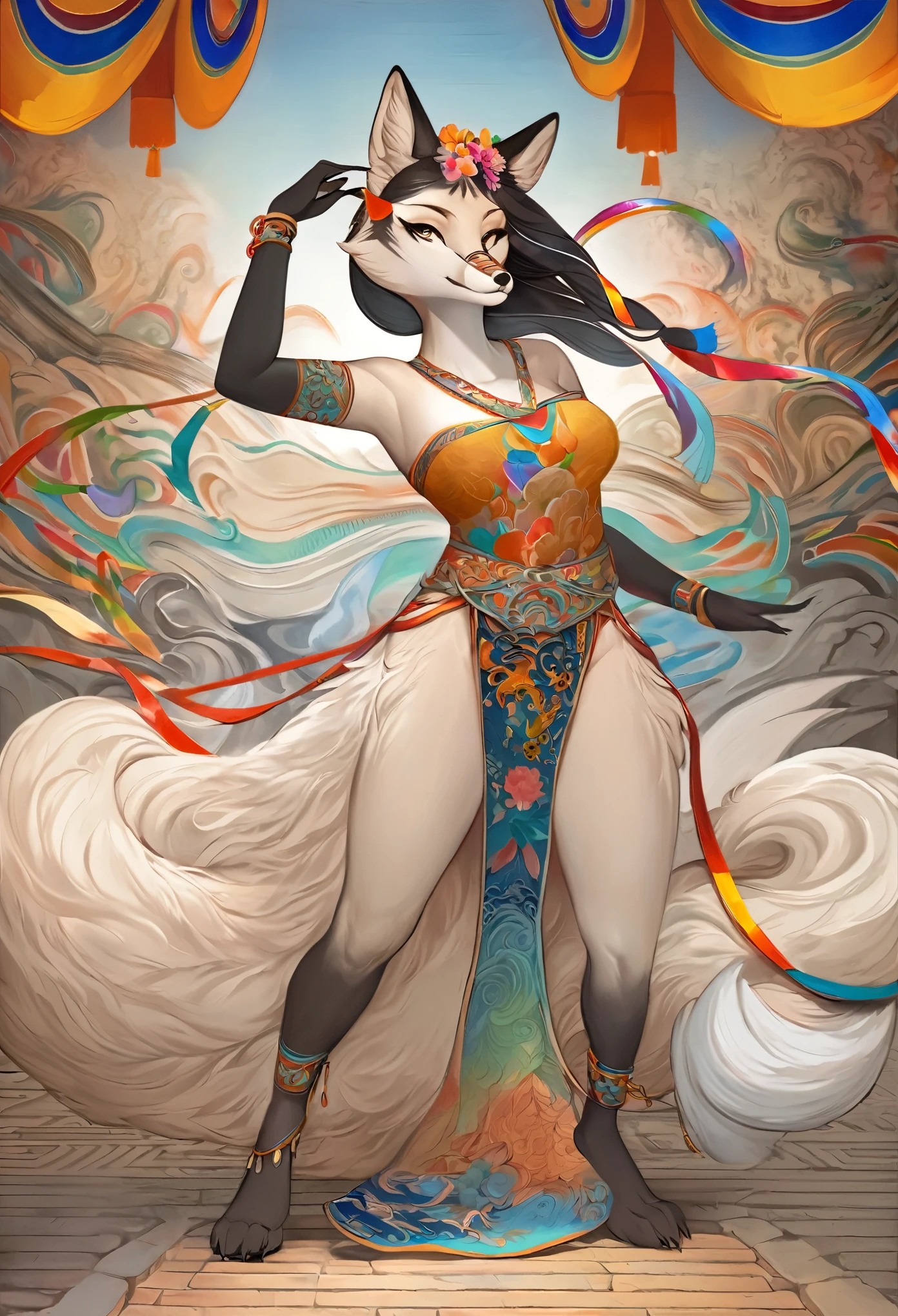 top quality, ancient Chinese beauty(highly detailed beautiful face and eyes)absurdres, perfect anatomy((beast woman, solo focus)) (((furry))) (furry anthro:1.7) ((((Furry body, fox facial features, fox body features)))) ((fox's muzzle, very detailed body fur))full body, dancing pose, gorgeous dress embroidered with intricate embroidery, transparent colorful ribbons tied around her arms, bare shoulders, open neck, wreath, black bun with flower hairpins Belts, armbands with streamers, necklaces, bracelets, anklets, metal chain tassels around the waist, Mogao Grottoes art, inspiration from Dunhuang Flying Apsaras murals, ink wash,