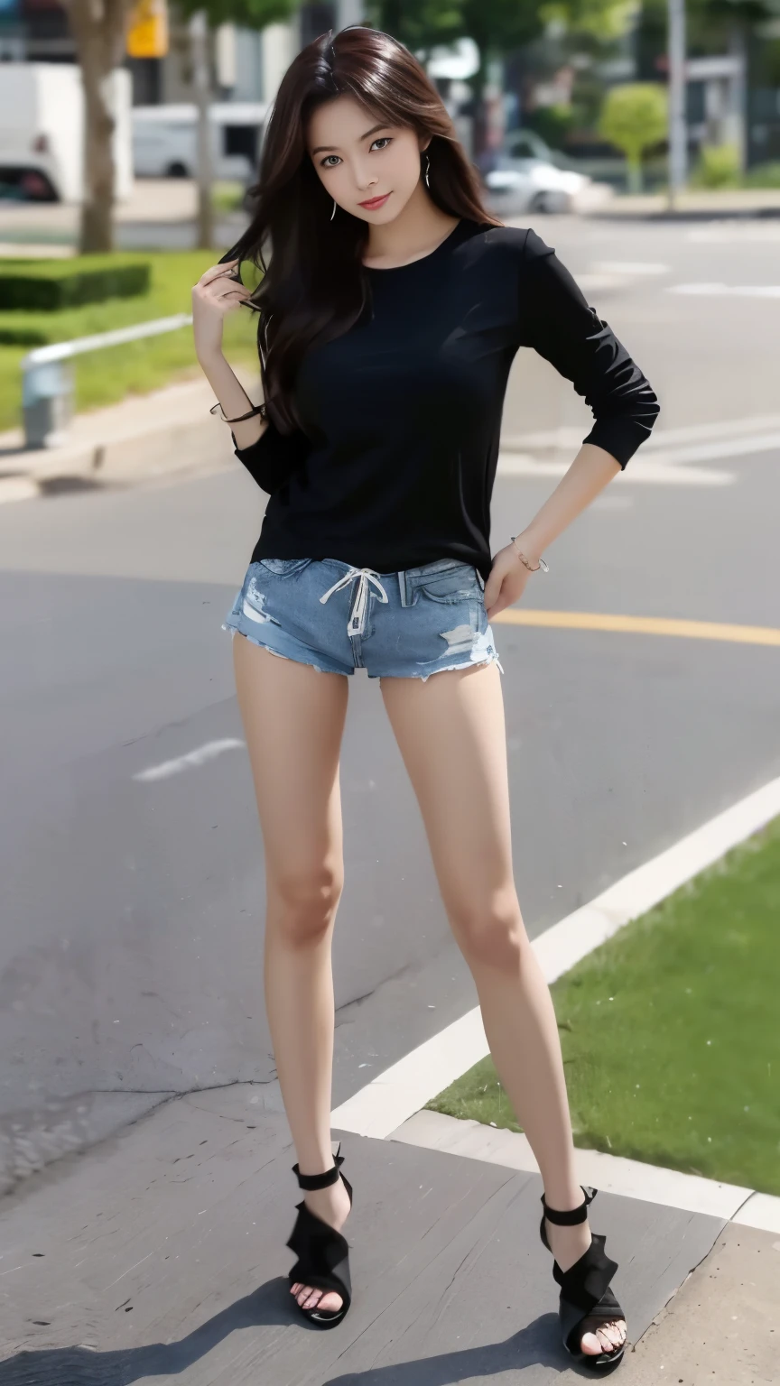 japanese woman、black long hair、hair with volume、beautiful face、double eyelid、black shirt、micro shorts、beautiful feet、barefoot、thighs、expensive、black stiletto heelodel pose