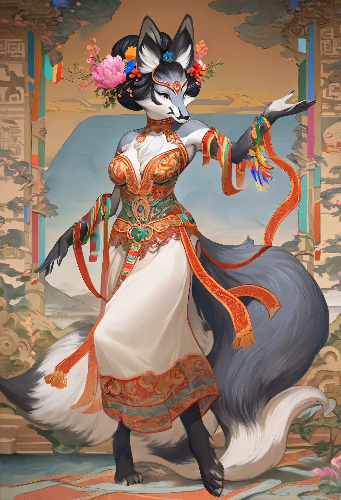 top quality, ancient Chinese beauty(highly detailed beautiful face and eyes)absurdres, perfect anatomy((beast woman, solo focus)) (((furry))) (furry anthro:1.7) ((((Furry body, fox facial features, fox body features)))) ((fox's muzzle, very detailed body fur))full body, dancing pose, gorgeous dress embroidered with intricate embroidery, transparent colorful ribbons tied around her arms, bare shoulders, open neck, wreath, black bun with flower hairpins Belts, armbands with streamers, necklaces, bracelets, anklets, metal chain tassels around the waist, Mogao Grottoes art, inspiration from Dunhuang Flying Apsaras murals, ink wash,