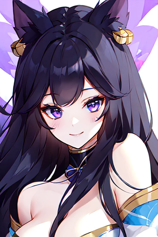 (((Black hair))), long hair, purple eyes, beautiful body, masterpiece, smile, ahri ahri \(league of legends\) k/da \(league of legends\) spirit blossom \(league of legends\)