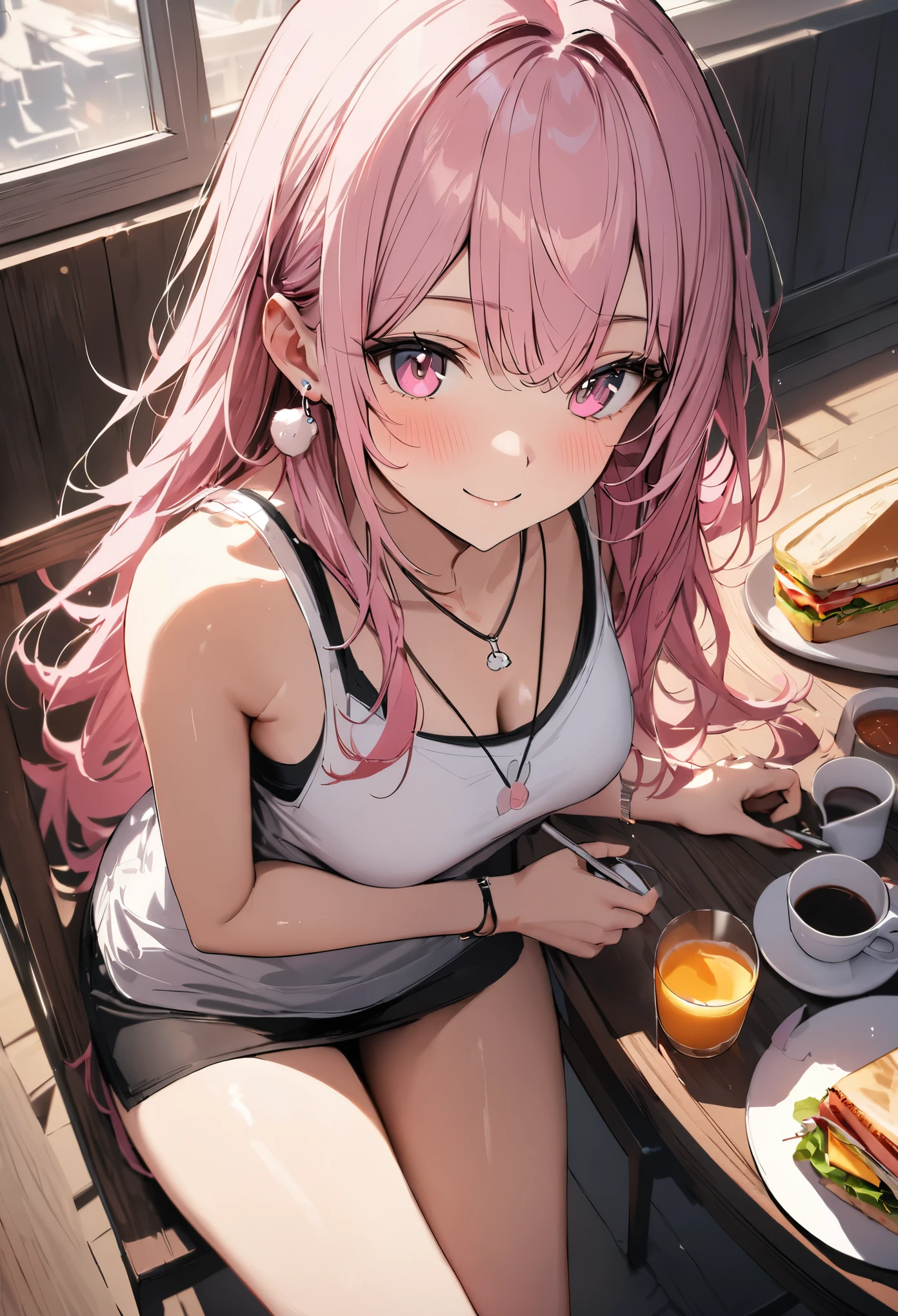 masterpiece, highest quality, Super fine, super fine, 4k, 8K, highest quality, beautiful, cute woman, alone, (beautiful pink hair, beautiful pink eyes, beautiful eyes, long hair, Rabbit lop-eared, smile),
break , breakfast, fried egg,sandwich,coffee,Tank top,miniskirt necklace, earrings, accessories,
great lighting, bloom, Exceptional resolution, Super detailed, highest quality, High resolution, Audio Notes,