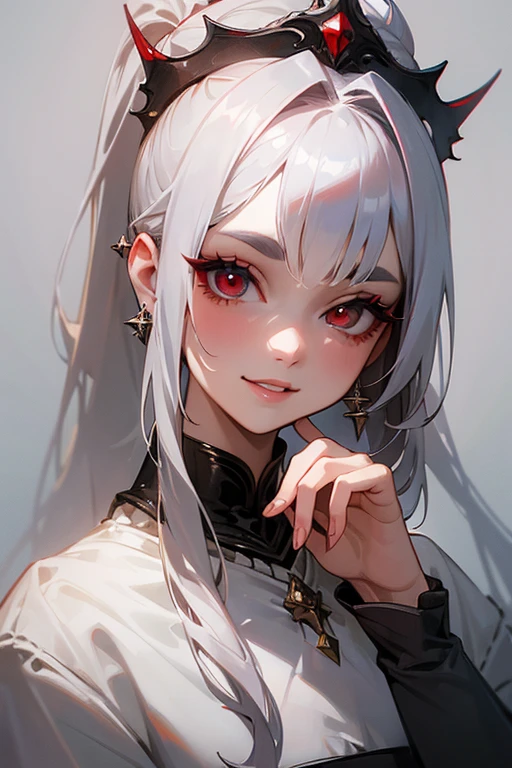 (highest quality, masterpiece:1.2), High resolution, Super detailed, realistic:1.37, fantasy, An illustration,gray hair、 red eyes、 Queen, white dress.platinum decoration、beautifully、Eyeshadow Red、dark eyebrows、long eyelashes、pupils are black、shiny on the lips、upper site、Queen、Princess、ponytail、gentle smile、Show your teeth a little and smile、soft expression、