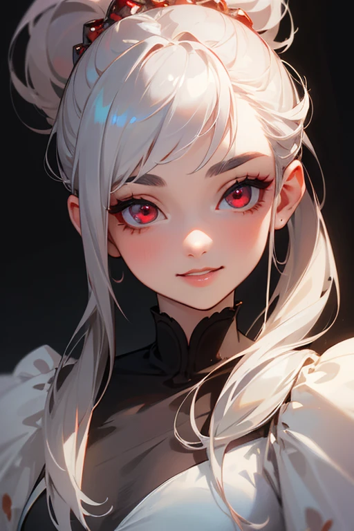(highest quality, masterpiece:1.2), High resolution, Super detailed, realistic:1.37, fantasy, An illustration,gray hair、 red eyes、 Queen, white dress.platinum decoration、beautifully、Eyeshadow Red、dark eyebrows、long eyelashes、pupils are black、shiny on the lips、upper site、Queen、Princess、ponytail、gentle smile、Show your teeth a little and smile、soft expression、