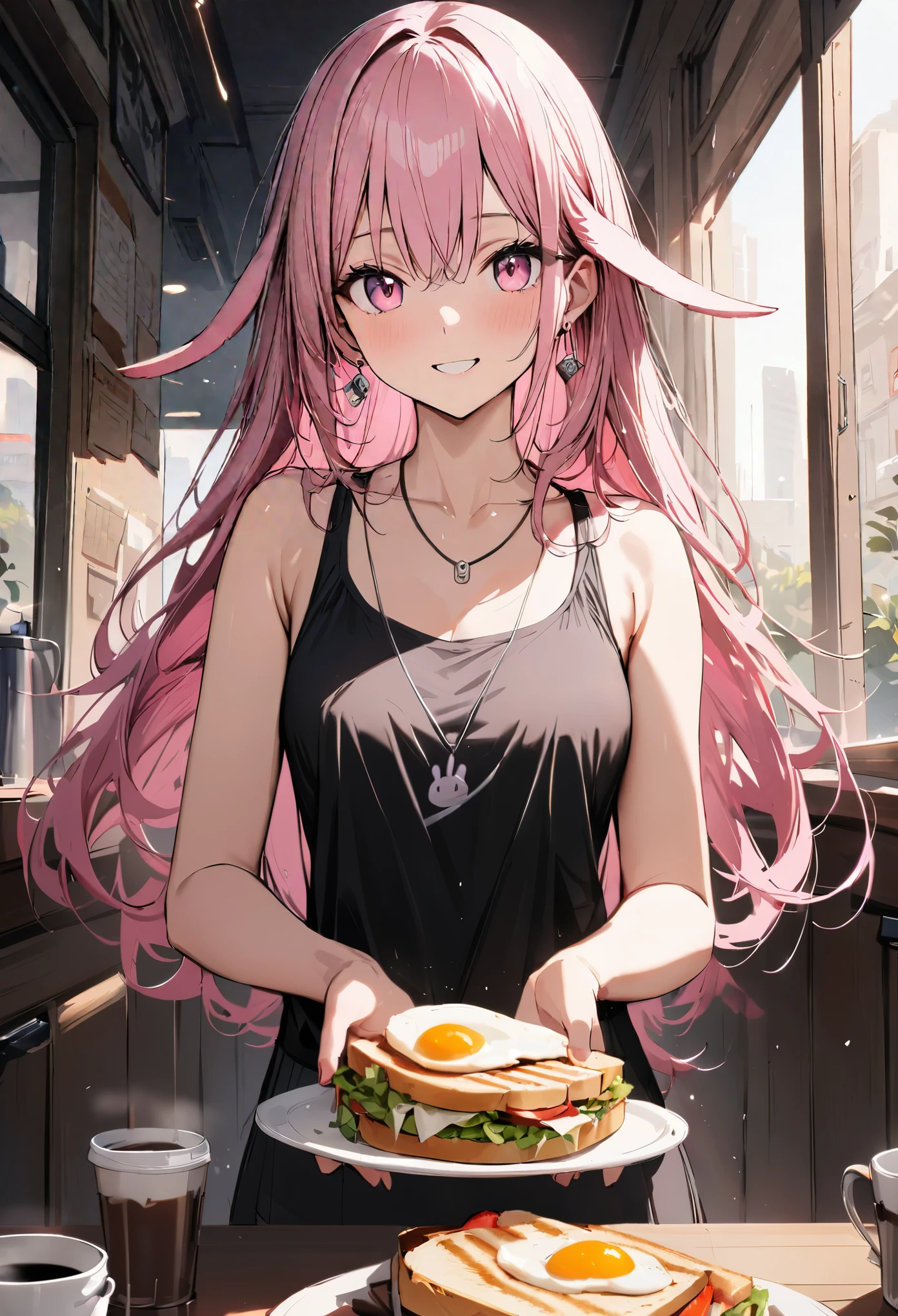 masterpiece, highest quality, Super fine, super fine, 4k, 8K, highest quality, beautiful, cute woman, alone, (beautiful pink hair, beautiful pink eyes, beautiful eyes, long hair, Rabbit lop-eared, smile),
break , breakfast, fried egg,sandwich,coffee,Tank top,miniskirt necklace, earrings, accessories,
great lighting, bloom, Exceptional resolution, Super detailed, highest quality, High resolution, Audio Notes,