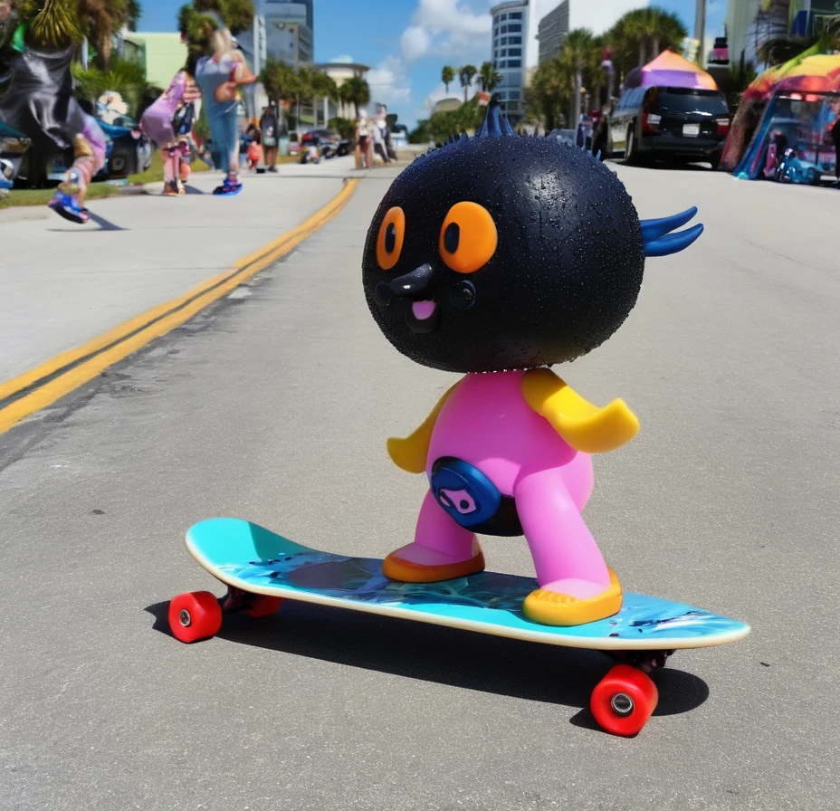 Black Spike Kirby playing Electric Guitar riding Skateboard on Jacksonville Florida, Art of Tamagotchi and Hellper