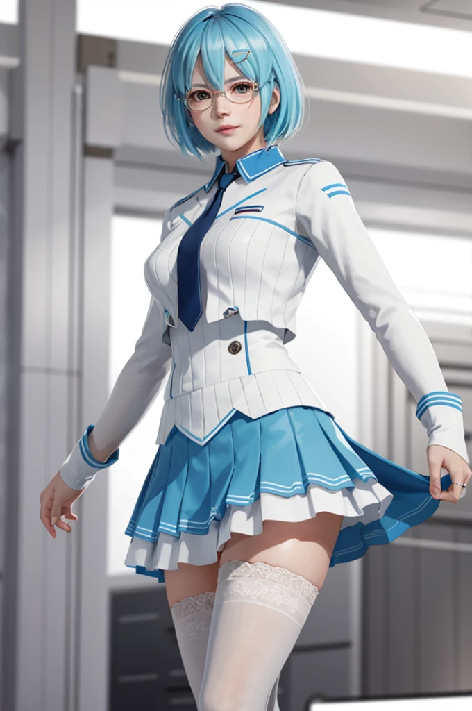 Nico, Glasses, white clothes, blue skirt, white stockings, Research room, beautiful