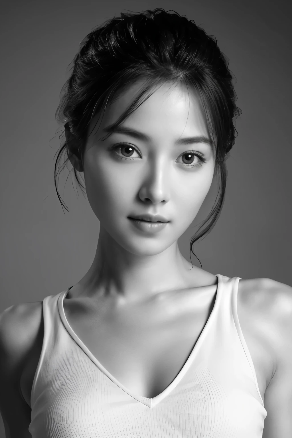 table top, highest quality, Photoreal, Super detailed, finely, High resolution, 8k wallpaper, RAW photo, Professional, Advanced level of detail, (((monochrome photography))), 1 girl, (facing the front), Upper body, perfect face, (Only lips red)