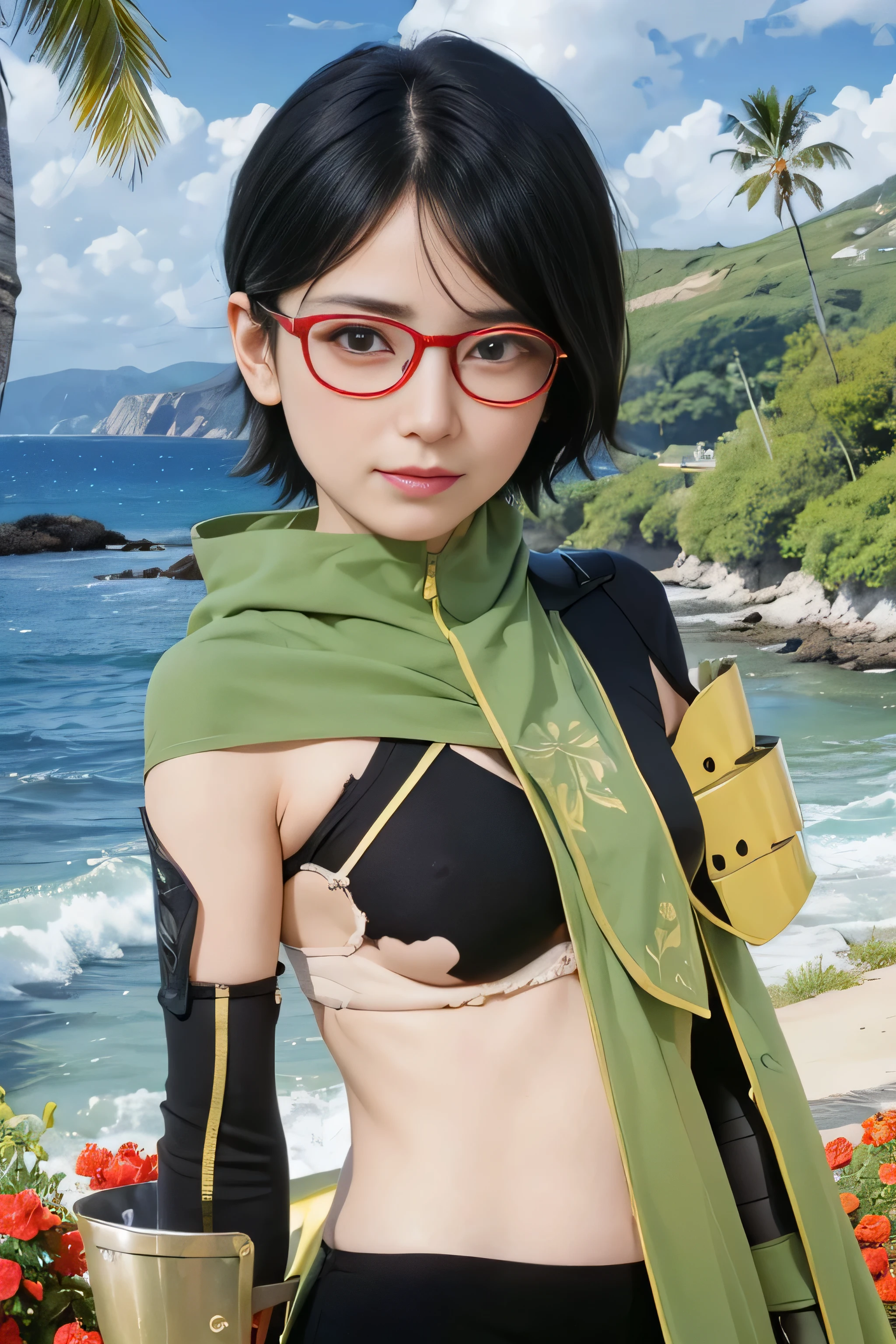 masterpiece, best quality, (realistic,photo-realistic:1.4), (RAW photo:1.2), extremely detailed CG unity 8k wallpaper, delicate and beautiful, amazing,finely detail, official art, absurdres, incredibly absurdres, huge filesize, ultra-detailed,extremely detailed eyes and face,light on face,sarada,(little smile),(black hair:1.4),(short hair:1.6),(wearing armor:1.5),window,(wearing red framed glasses:1.4),(small breast:1.3),beach,robe