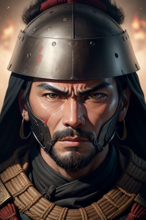 Retrato realista em close-up ultra HD，A samurai wearing a war mask, rugas ,Facial expressions show strong emotions