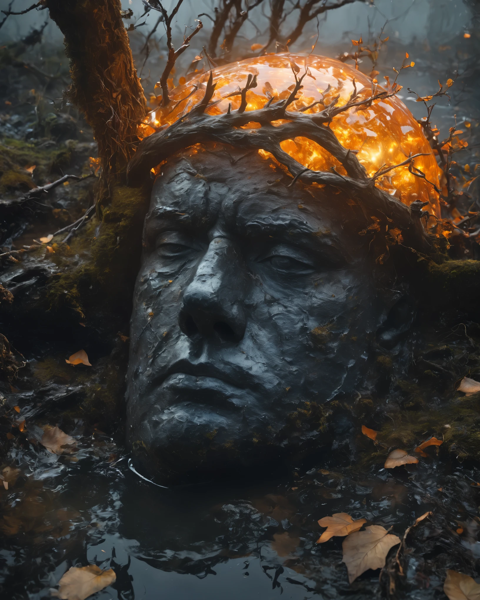 Black and orange background，from above, bokeh, UHD, masterpiece, high details, high quality, award winning, best quality, highres, 16k，
(Looking up angle），Big Dumb Object，（Portrait of huge handsome man head sculpture collapsed in water：1.3），Great Wilderness，Dense fog，old，Dead branches，Art style of Philip Hodas，Matte of the human soul, realism ，BDO works by American digital artist Stuart Lippincott，Use advanced tones and shading，Creates a dazzling and mysterious light，The deep spatial pattern and mysterious atmosphere,Create a sci-fi mechanical god realm,Highlighting the insignificance of human beings，and fear of the unknown，minimalist art，fantasy，Surrealism，