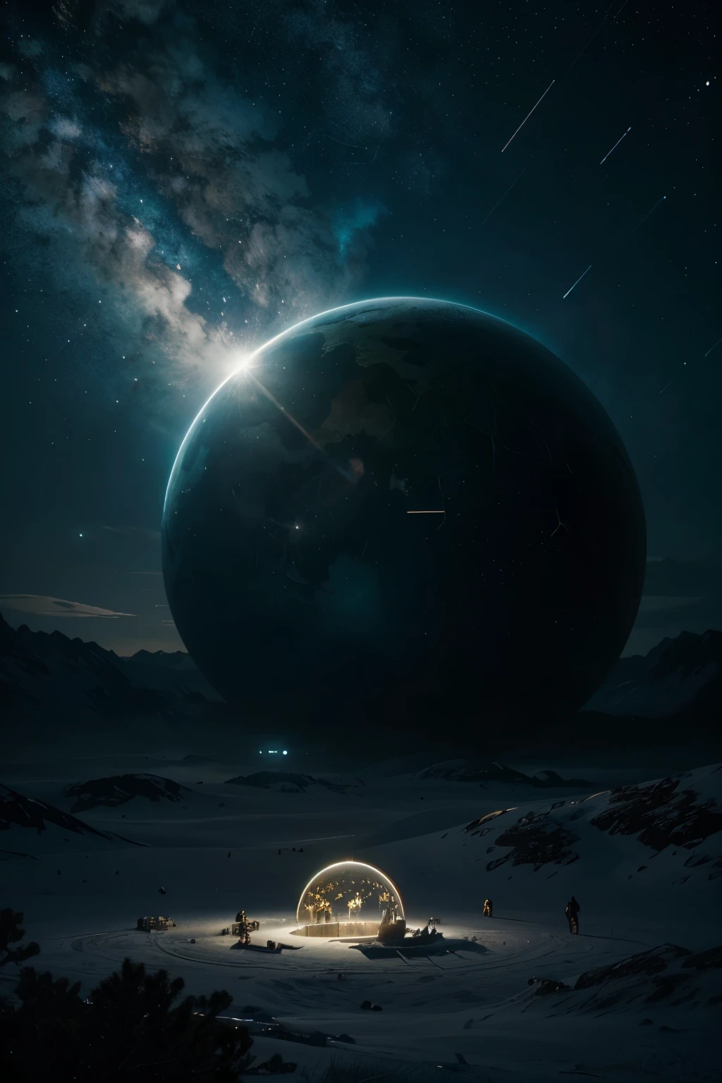 Sunshine, A Magnificent Landscape, Science fiction, A Very
Detailled, Futuristic And Hight Tech Circle Bleu Metal, Metal green, Metal Chrome And Metal Bronze Circle Futuristic Fiction, Perpendicular To The Ground, Big Stars. Proportional To The Piece, Determining The Place Of The Stars In The Sky. Boreal Light, Stars, Piece Studio Beeple, Ultra Futuristic, 8k, Beautiful Enchantress, Mystical Ambiant