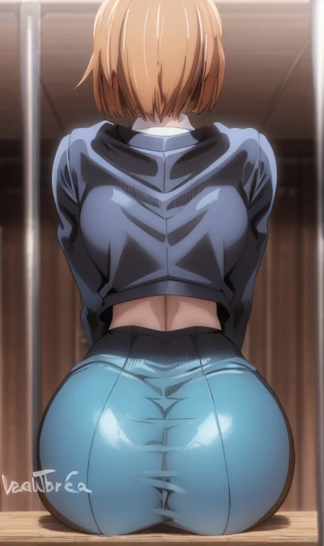 mesa, Mejor calidad, alta calidad, 
classroom, escuela, 
mirando hacia atras, tiro de vaquero, rostro amargado 
camiseta blanca, falda azul, rubor, grandes pechos transparente, pose de espaldas, gran culo gordo y poco transparente, pechos notables, classrooms
nobara,