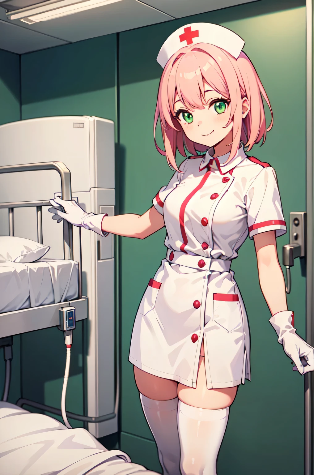1girl, solo, nurse, white nurse cap, white nurse uniform, ((white legwear, zettai ryouiki)), white gloves, pink hair, green eyes, drooping eyes, smile, standing, ((hospital room)), sharp outline, short sleeves, best quality, masterpiece
