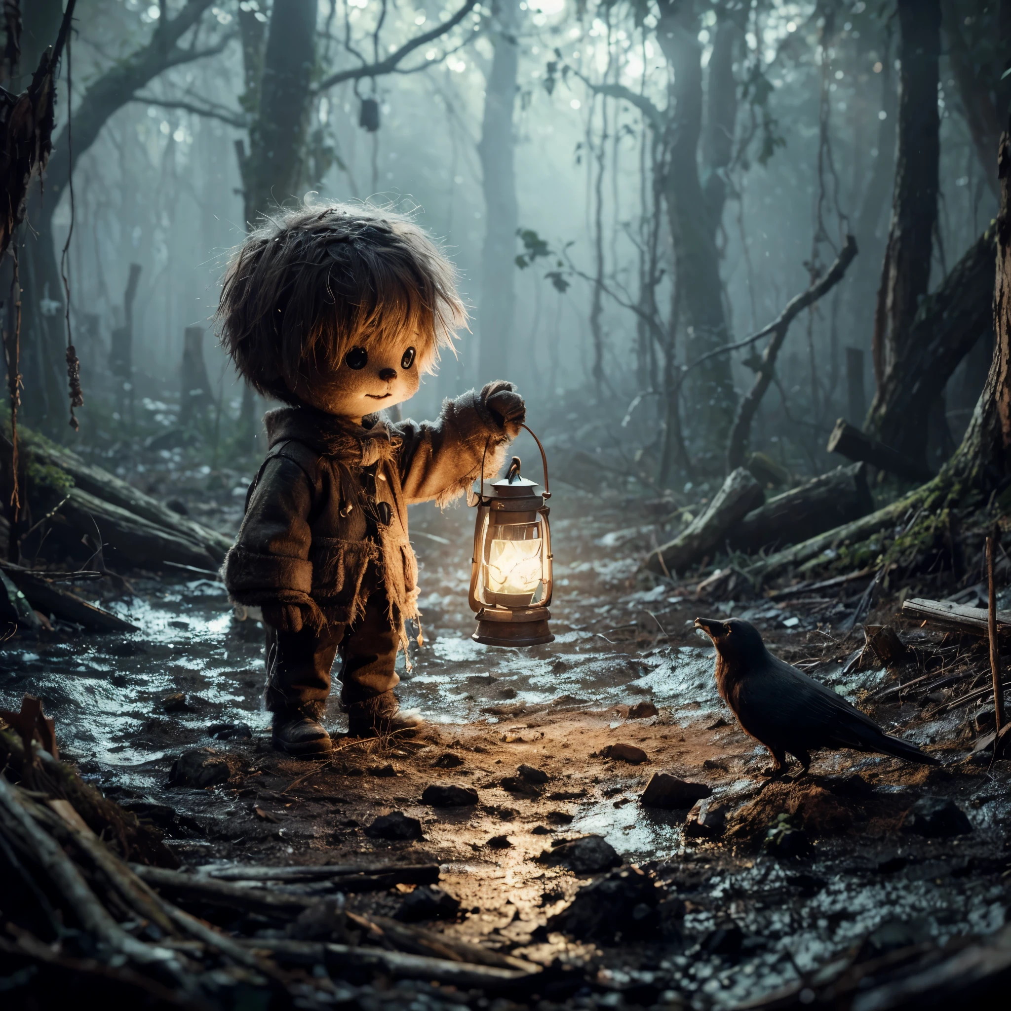 there is a small stuffed animal holding a lantern in the forest, arte conceptual oscuro fotorrealista, little character. Motor irreal 5, lindo render 3d, en un bosque espeluznante, renderizado hiperrealista de aventuras, renderizado de arte digital, hermoso arte conceptual en 3 d, arte conceptual muy realista, adorable pintura digital, roland zilvinskis 3d hacer arte, arte digital oscuro pero detallado