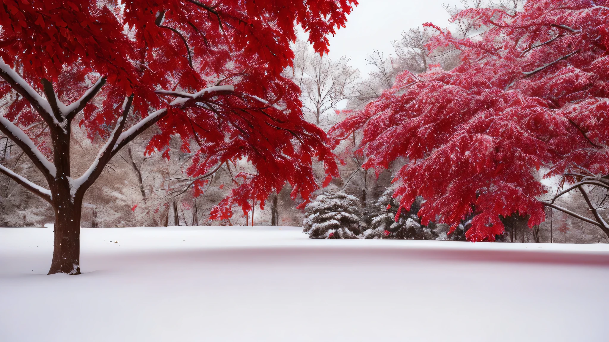 snowy scene of a tree with red leaves in the foreground, with snow covered colourful red, beautiful wallpaper, magical leafs falling, red and white colors, dusting of snow, autumn season, red leaves, maple tree, canadian maple leaves, red trees, red leaves on the ground, blood red leaves, very beautiful photo, gentle snow, red and white color theme