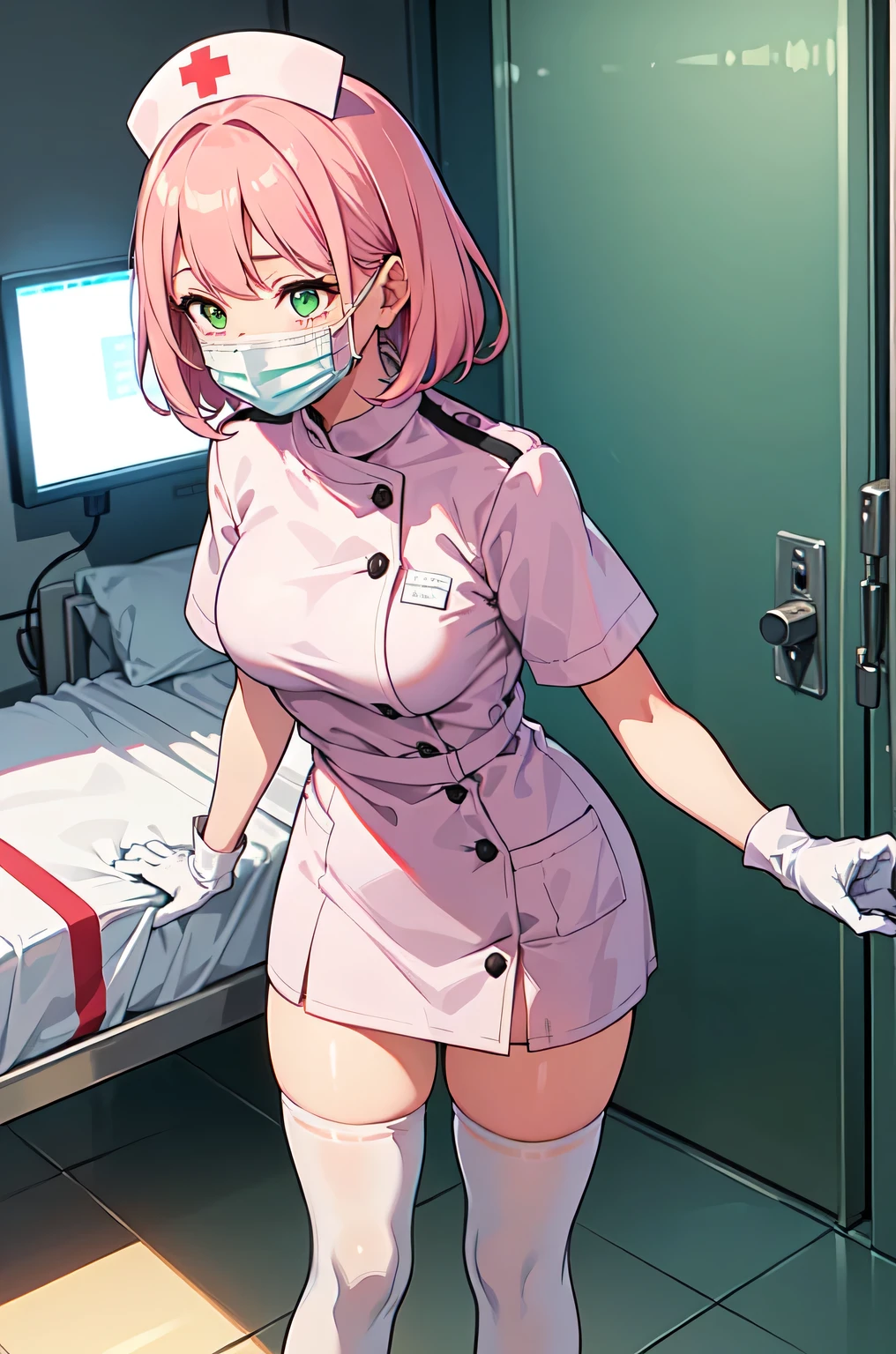 1girl, solo, nurse, white nurse cap, white nurse uniform, ((white legwear, zettai ryouiki)), white gloves, pink hair, green eyes, drooping eyes, ((white surgical mask, covered nose)), standing, ((hospital room)), sharp outline, short sleeves, best quality, masterpiece
