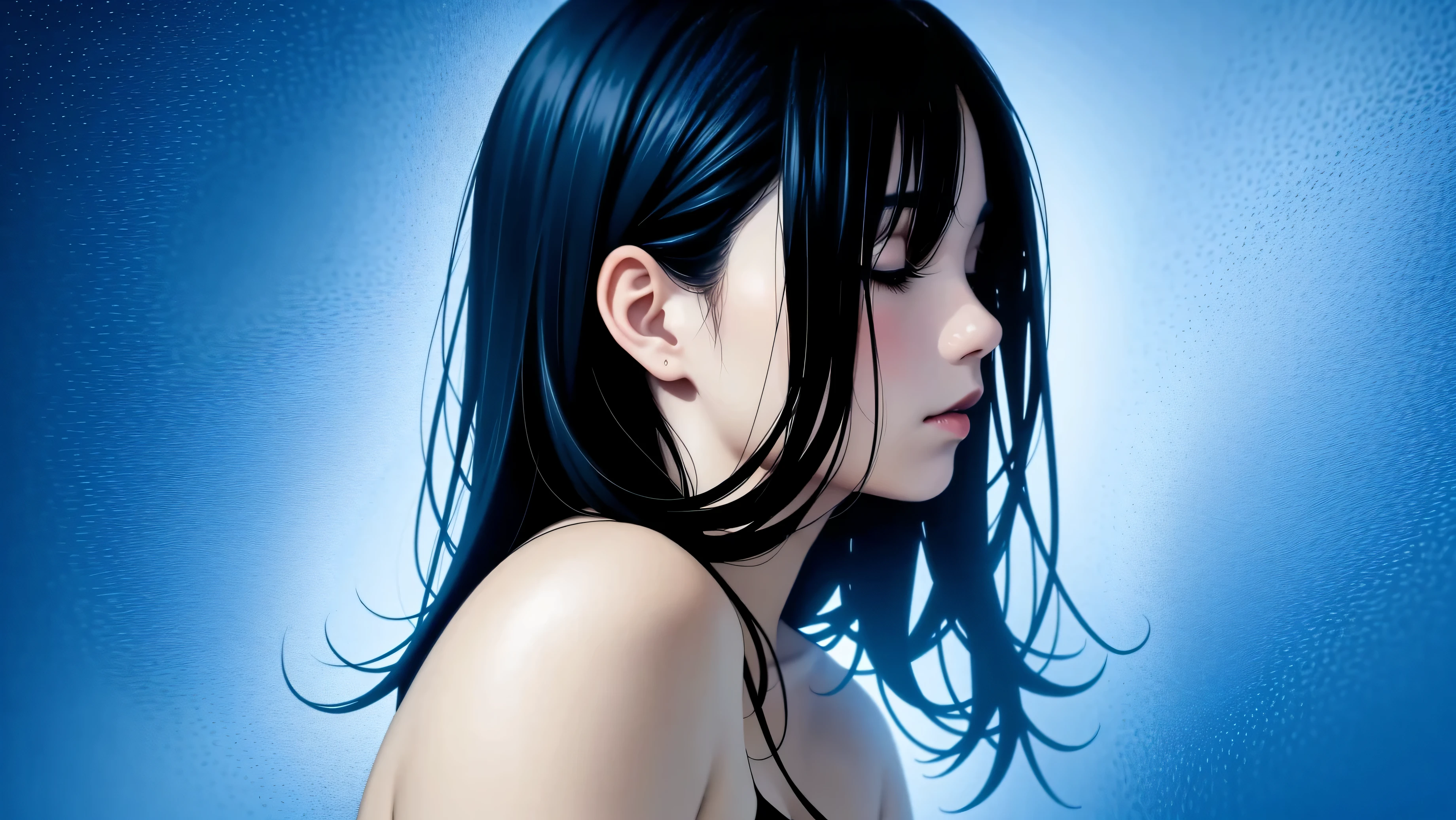 one woman front face of woman black hair long hair close your eyes wish fantasy god々New cool woman adult woman bust shot