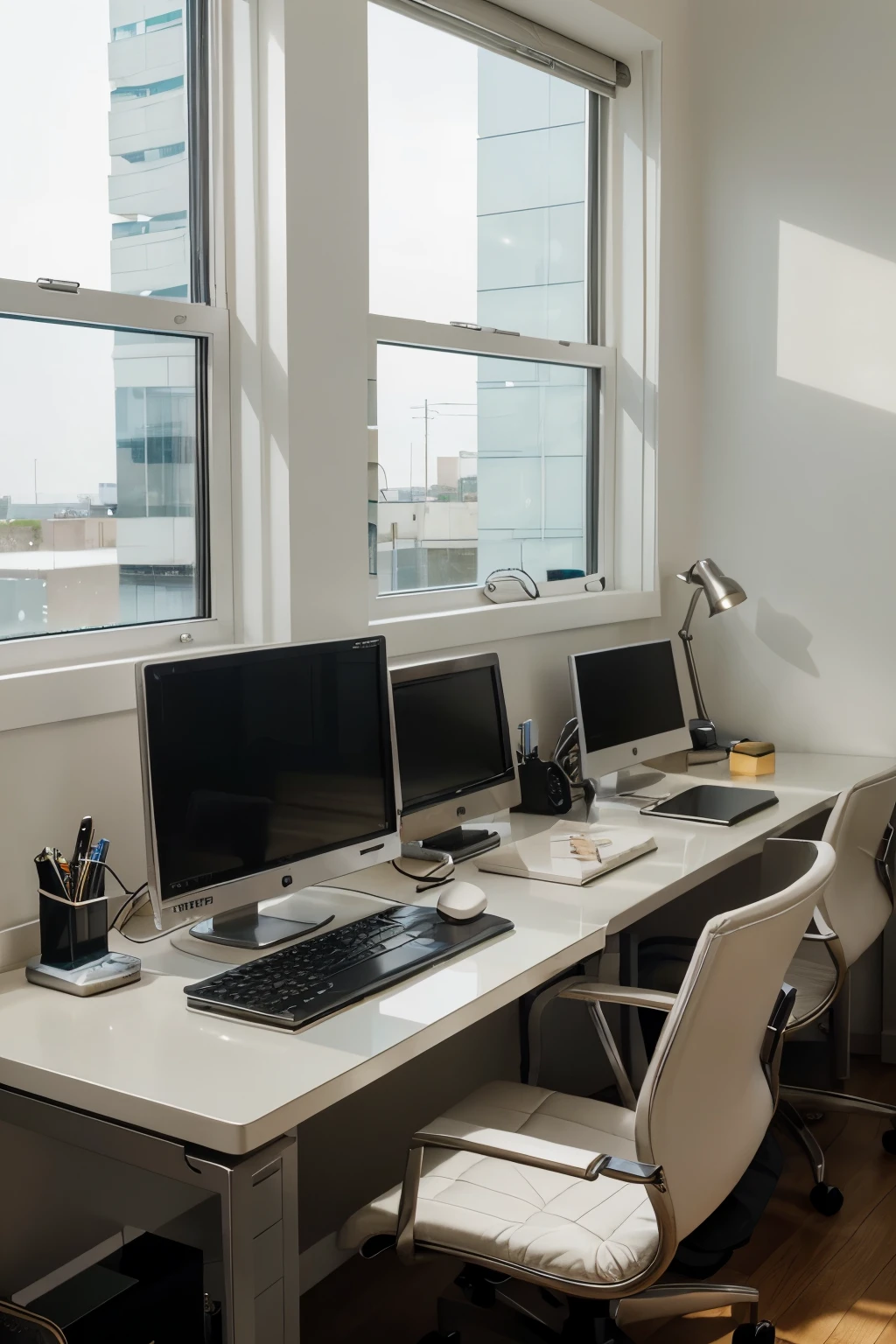 “A high-resolution, realistic-style image showing a stylish, modern office desk with a variety of electronic devices such as computers, tablets e smartphones. The cables and wires of these devices are meticulously organized with sophisticated cable clips and organizers. The camera is positioned at a higher angle, slightly angled to capture the full length of the desk and cable management. The lighting is soft and diffused, coming from a large window to the left of the scene, enhancing the metallic shine of the clips and the texture of the organized strands.”