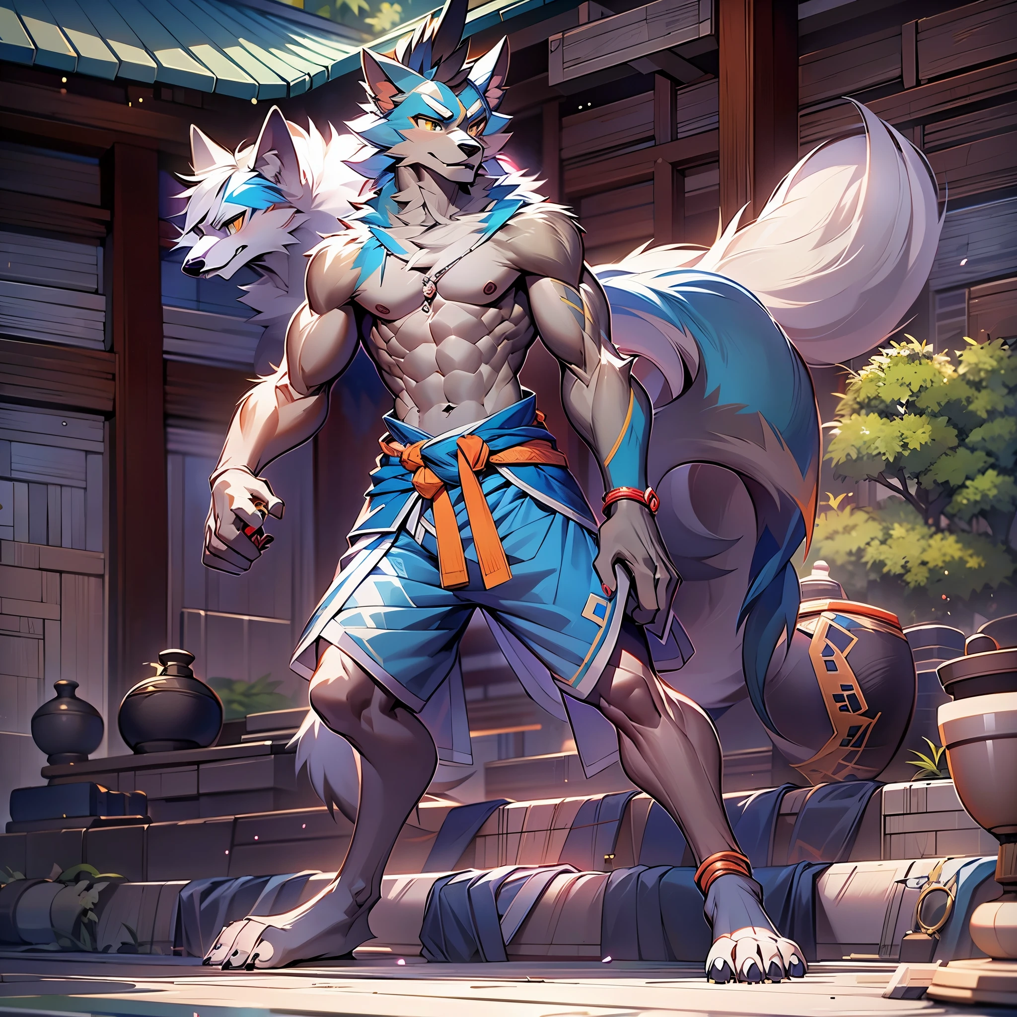 best quality, young,thin, , hairy, alone, male wolf: 1.5, light blue fur: 1.3, Light blue ears, Animal ears, yellow eyes, Doll hands, muscular body, abdominal muscles, Wear Shaolin legs, topless, Standing in the courtyard of Shaolin Temple.