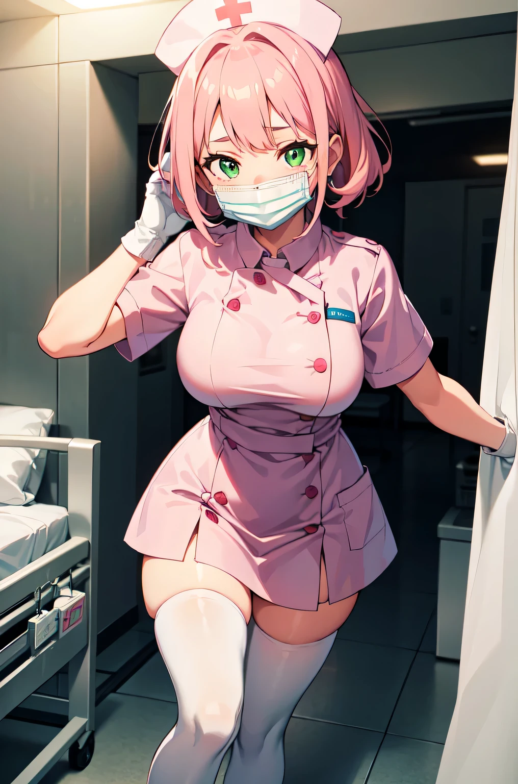 1girl, solo, nurse, white nurse cap, white nurse uniform, ((white legwear, zettai ryouiki)), white gloves, pink hair, green eyes, drooping eyes, ((white surgical mask, covered nose)), standing, ((hospital room)), sharp outline, short sleeves, best quality, masterpiece