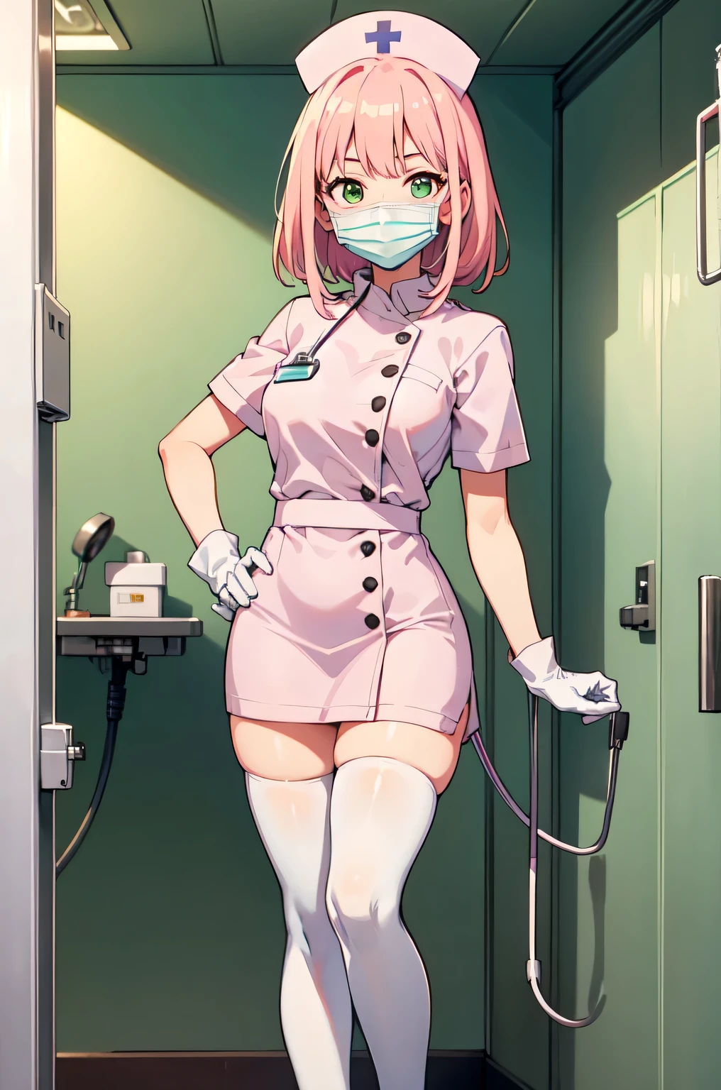 1girl, solo, nurse, white nurse cap, white nurse uniform, ((white legwear, zettai ryouiki)), white gloves, pink hair, green eyes, drooping eyes, ((white surgical mask, covered nose)), standing, ((hospital room)), sharp outline, short sleeves, best quality, masterpiece