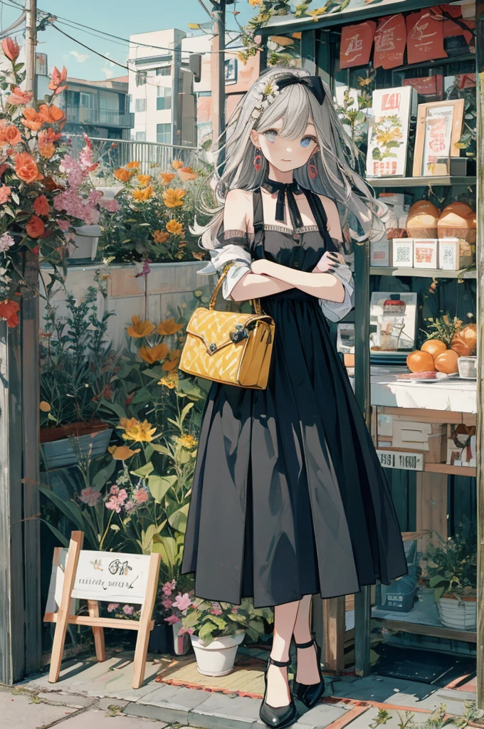 (masterpiece:1.2), highest quality,pixiv,sweet girl , 1 girl, flower, cup, have, bob hair, gray hair, bag, high heels, food, jewelry, earrings, looking at the viewer, smile, holding, long hair, inner color、alone, fruits, pants style, flower柄のshirt、handbag, gray eyes, Colorful shoes, bird, yellow flower, envelope, english text, full body, white flower, shirt,Are standing, cherry blossoms、colorful background、(masterpiece:1.2), highest quality,pixiv,sweet girlのポートレート, 1 girl, teddy bear, うさぎのstuffed toy, stuffed toy, alone, holding, have, holding stuffed toy, heart, bow, hair ornaments, sign, earrings, jewelry, Upper body, striped, Black headband, looking at the viewer, have bow, closed mouth, bangs, bare shoulders, hair between eyes, box,, brand hair, striped bow, gift, blue eyes, garden background, Alice, chocolate, ribbon, Braid, nail polish, shirt, wrist cuffs, gift 箱, black bow, Blue dress, white apron、two tone background, vertical stripes, hair ring, smile, long hair 、full body、whole body、
