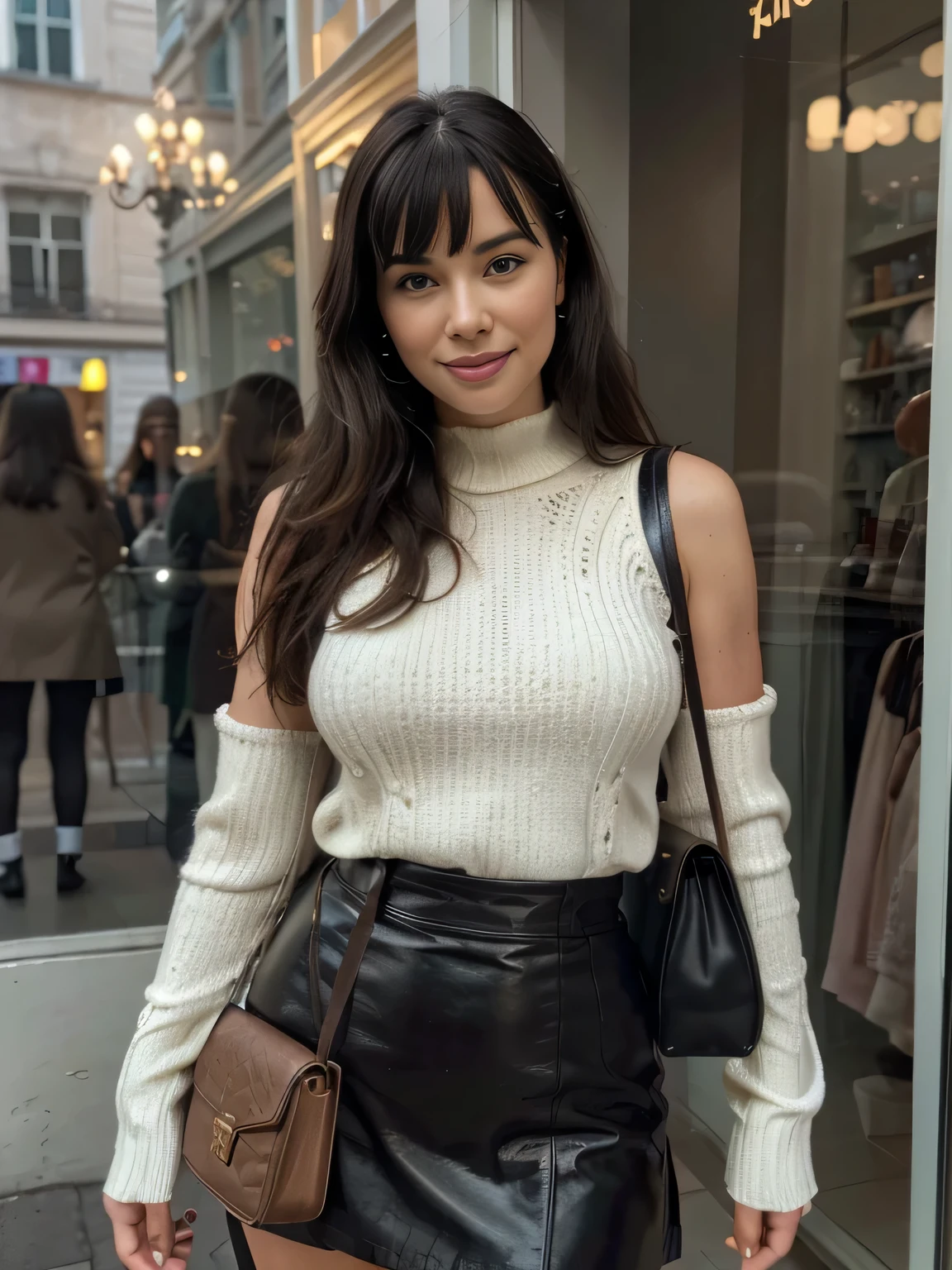 solo lovely smiling Bettie Page, in front of boutique, (highest quality texture), boutique store front, display windows full of interesting items, film quality, completly dressed in high style leather fashion, large wool sweater, long maxy wool skirt, sof tight white gloves, shoulder bag,she's in front of beautiful boutique ,soft accent candlelight in windows, gorgeous rembranndt like lighting, (Rembrandt patch), (highest quality window details), hip cool boutique in background, silky long dark hair, hair bangs to her eyes, every detail,Fine facial features, Masterpiece – Masterpiece ○○ quality – ○○ quality best quality(Highest Quality) ,Leica film, best, solo female, High quality (hiquality) etc ○○ detailed – ○○ details ultra detailed(Ultra-fine ), Photorealistic, Extremely detailed(Extremely detailed) , Finely detailed(Fine-grained), (highest detail skin texture peachfuzz earlobe realistic) etc ○○ res – ○○ resolution ultra high res(A high resolution) , very high texture res(light resolution), Realistic – Realistic Photorealistic – photorealistic beautiful – beautiful 4k , 8K, artsy shop front, close and intimate,