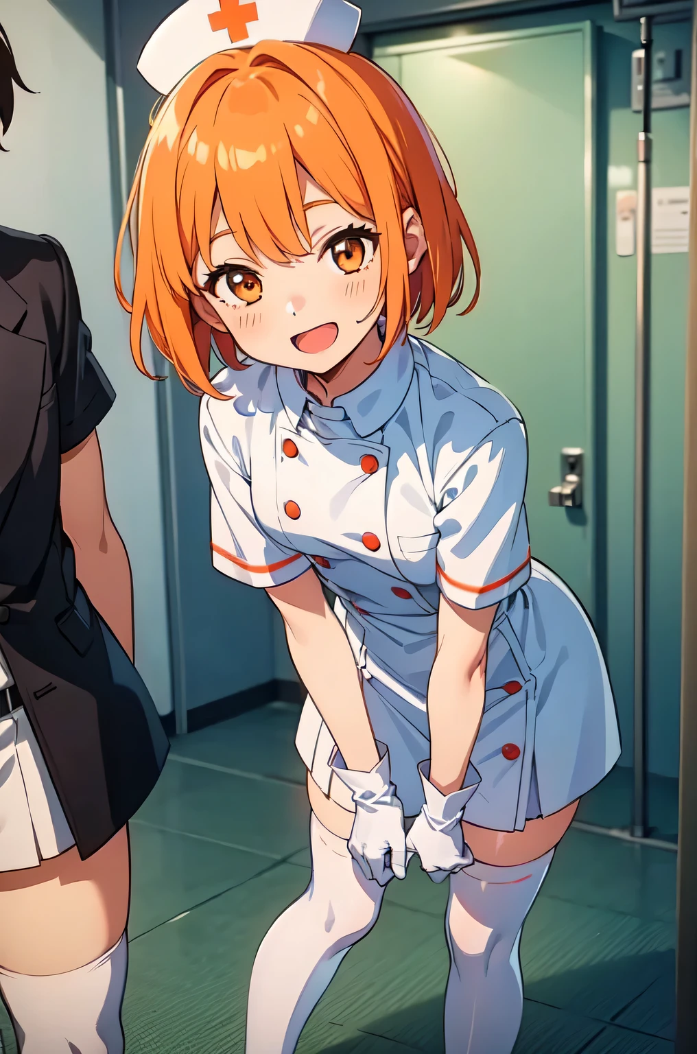 1boy, solo, male focus, nurse, white nurse cap, white nurse uniform, ((white legwear, zettai ryouiki)), white gloves, short hair, orange hair, smile, open mouth, standing, ((hospital room)), sharp outline, short sleeves, shota, , best quality, masterpiece