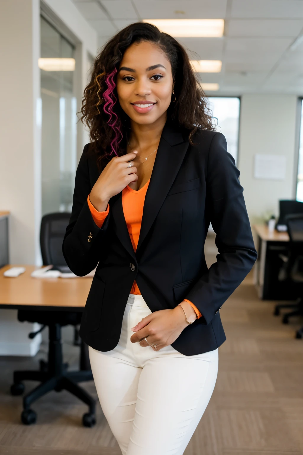 A black girl, radiant and confident, sits elegantly at her desk in an office setting. Dressed in a smart business suit, she engages in focused work with a smile gracing her lips. The sunlight filters in through the window, illuminating her warm, expressive features. Her curly hair cascades down in soft waves, adding to her charming presence. Despite the professional atmosphere, her spirit shines through, making the office a more vibrant and welcoming space.