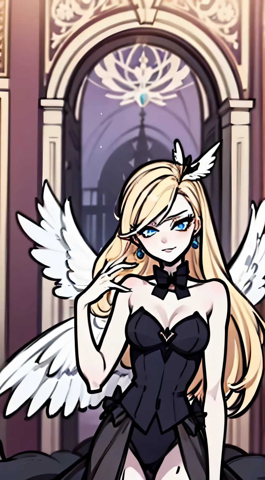 Hazbin hotel oc, beautiful arch angel, six wings, blonde, blue eyes. Mature woman, 1 girl