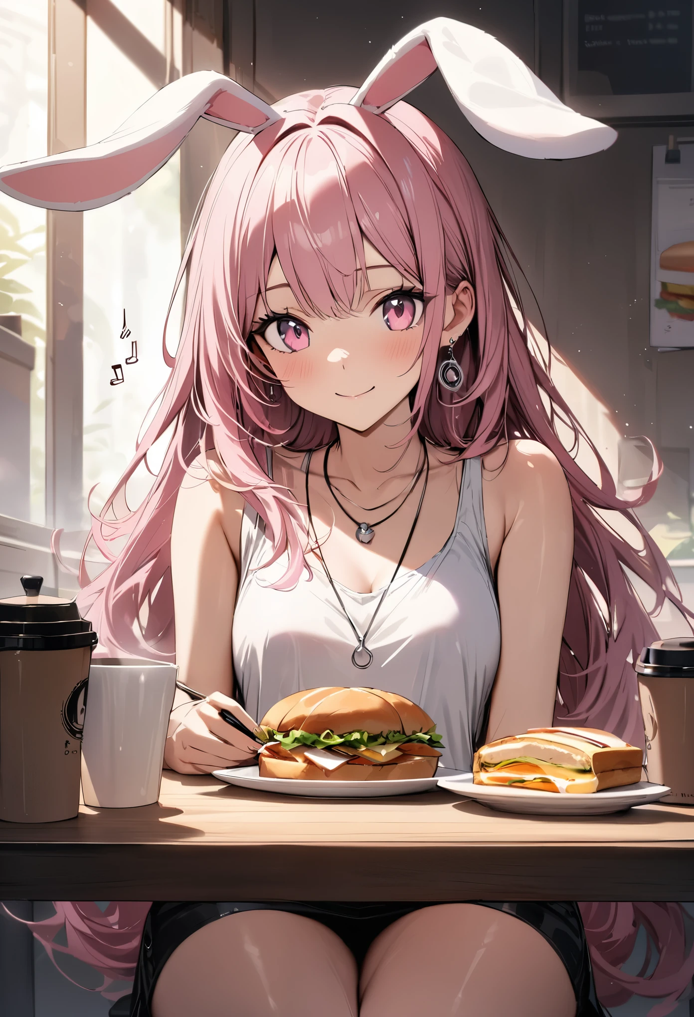 masterpiece, highest quality, Super fine, super fine, 4k, 8K, highest quality, beautiful, cute woman, alone, (beautiful pink hair, beautiful pink eyes, beautiful eyes, long hair, Droopy rabbit ears, smile),
break , breakfast, fried egg,sandwich,coffee,Tank top,miniskirt necklace, earrings, accessories, 
great lighting, bloom, Exceptional resolution, Super detailed, highest quality, High resolution, Audio Notes,