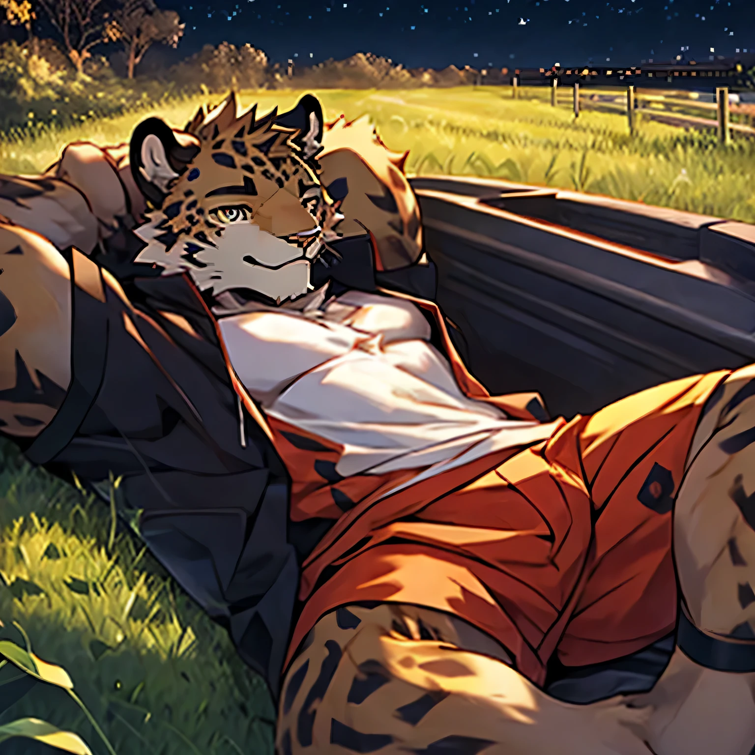 4k, actual, high detail, super detailed, Leopard，juvenile，individual，Golden fur，Strong body，blushing，fashion clothing，Lying on the grass at night，Look at the stars in the sky