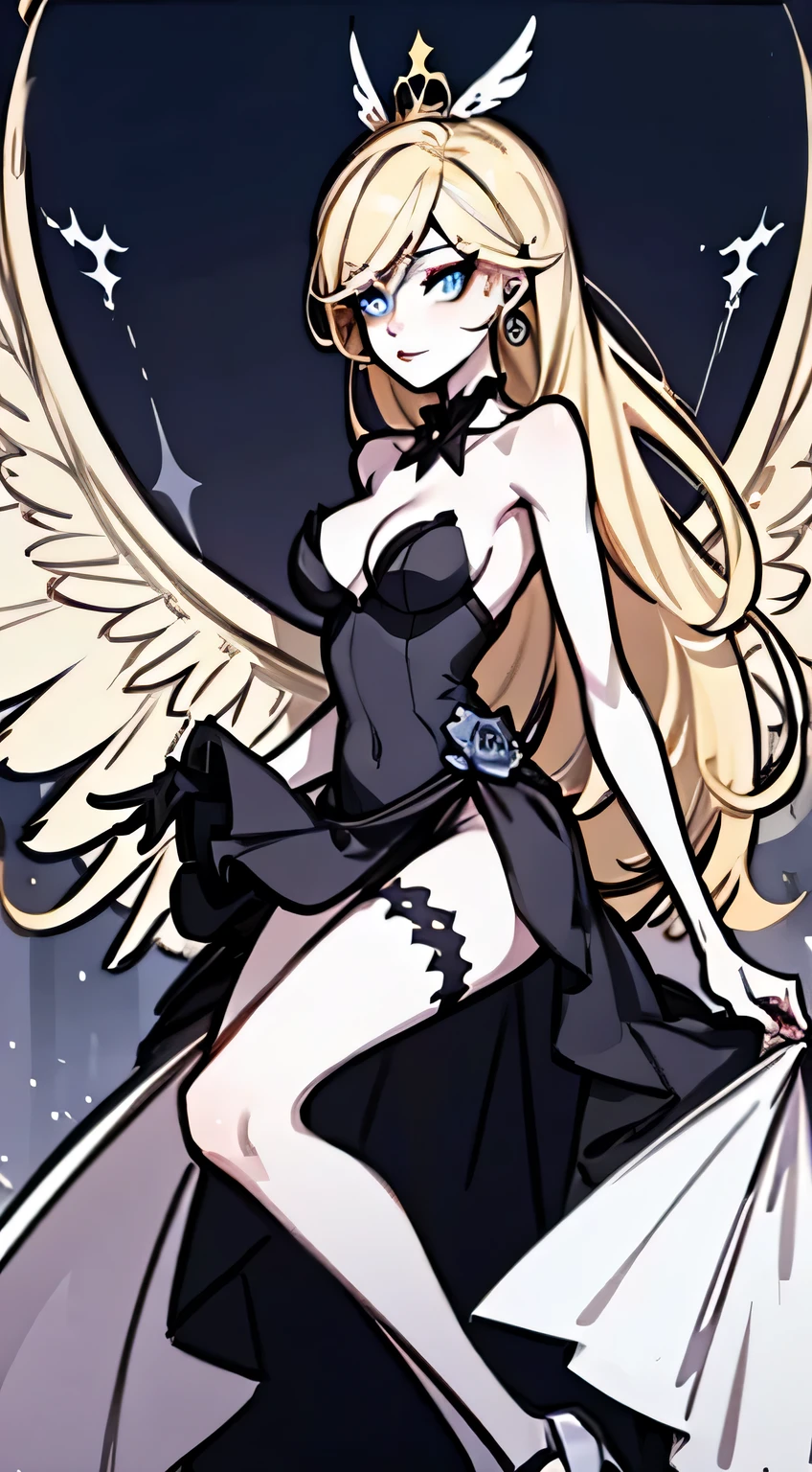 Hazbin hotel oc, beautiful arch angel, six wings, blonde, blue eyes. Mature woman, 1 girl