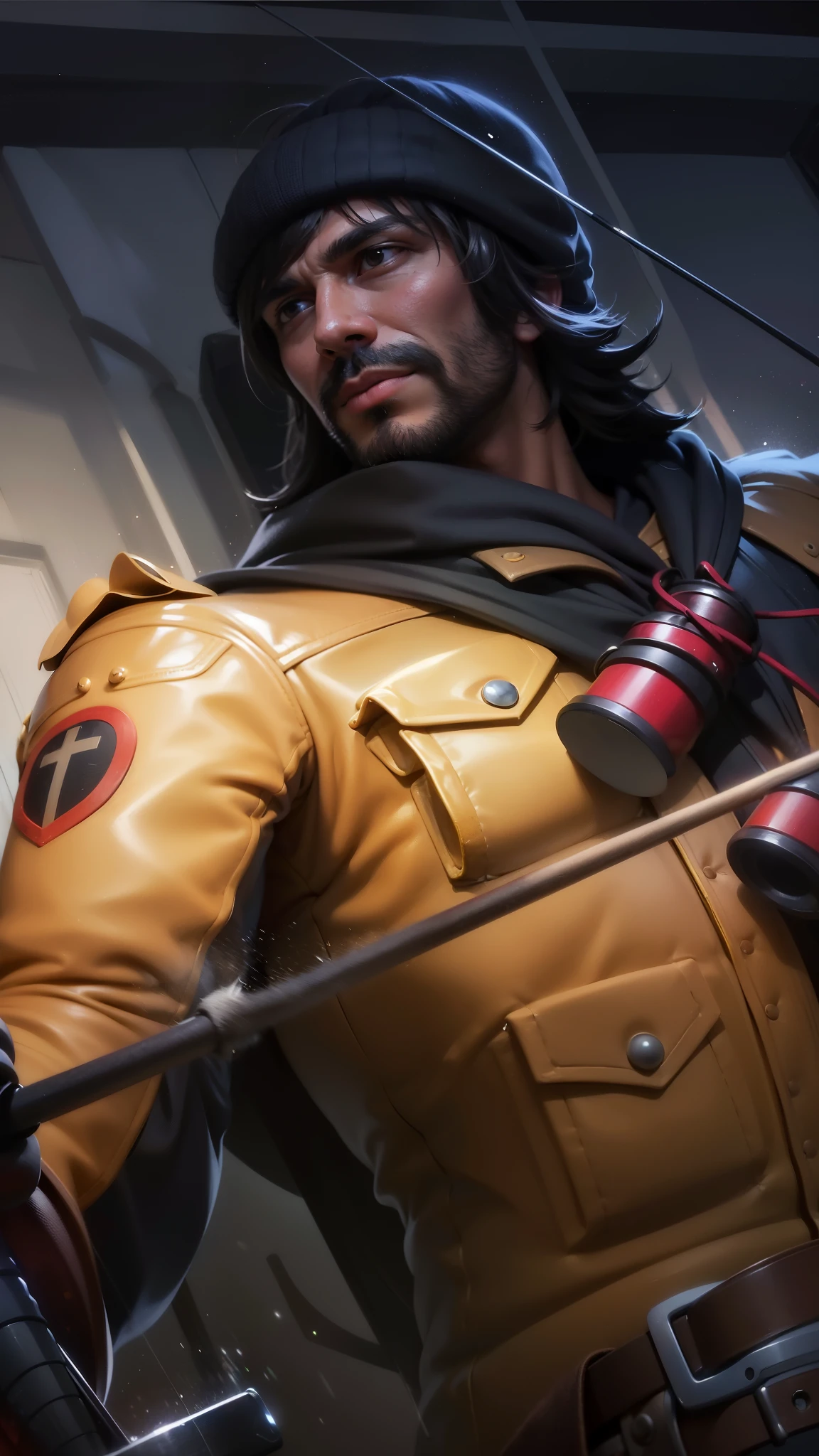 a close up of a man with a bow and arrow, 8k, ultra hd, ultra detailed texture, hyper realistic, masterpiece, detailed texture, detailed face, detailed skin, detailed lighting, (photorealistic:1.5), best quality, beautiful lighting, cinematic lighting, professional lighting, ultra highres, realistic, detailed hair, real hair, high quality, (realskin:1.5), extremely detailed, finely detail, ultra-detailed, young man with a thin mustache and beard.