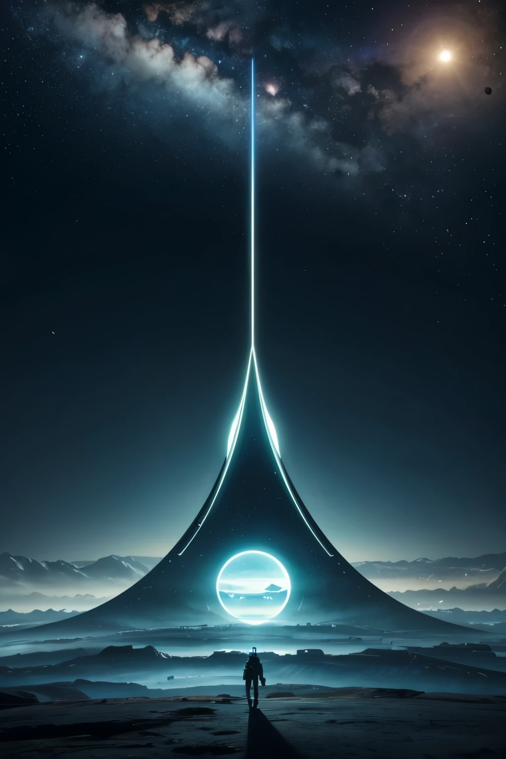 Sunshine, A Magnificent Landscape, Science fiction, A Very Detailled, Futuristic And Hight Tech Circle Bleu Metal, Metal green, Metal Chrome And Metal Bronze Circle Futuristic Fiction, Perpendicular To The Ground, Big Stars. Proportional To The Piece, Determining The Place Of The Stars In The Sky. Boreal Light, Stars, Piece Studio Beeple, Ultra Futuristic, 8k, Beautiful Enchantress, Mystical Ambiant