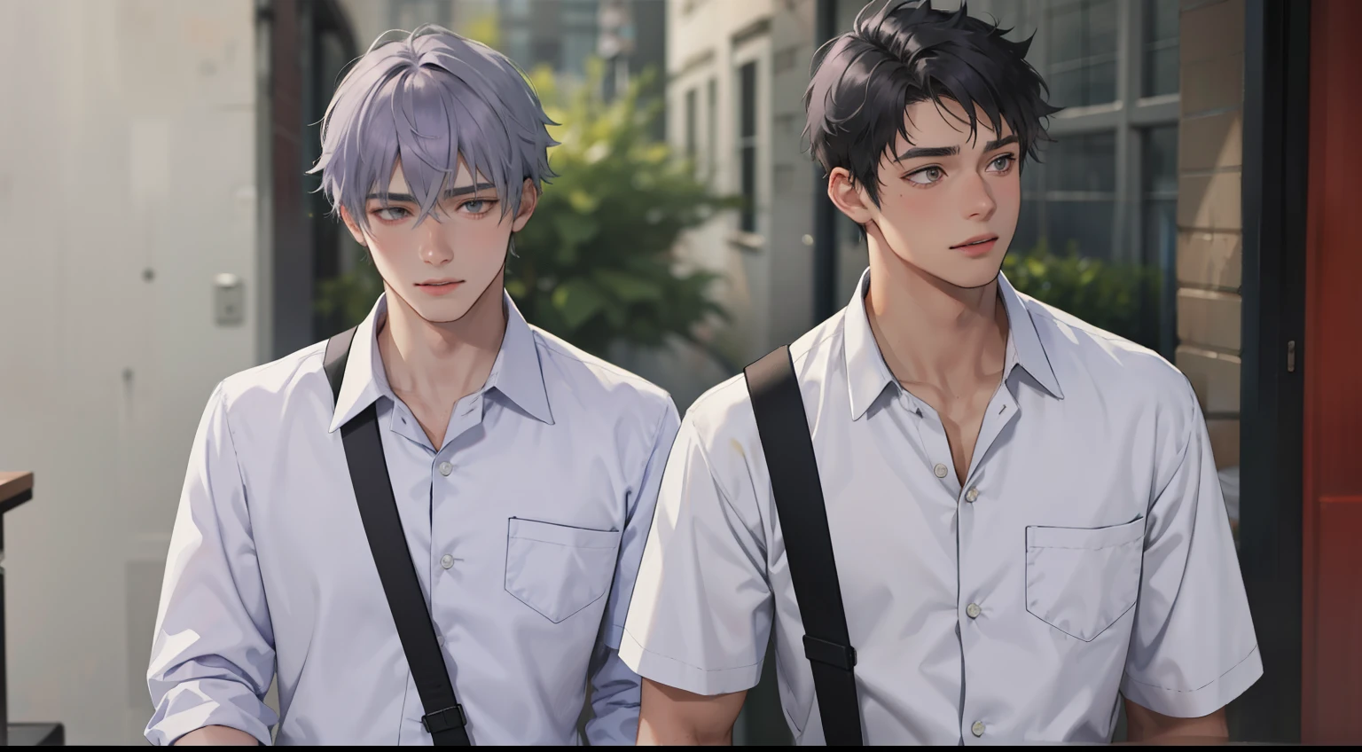 two 16 year old boys with gray and violet hair