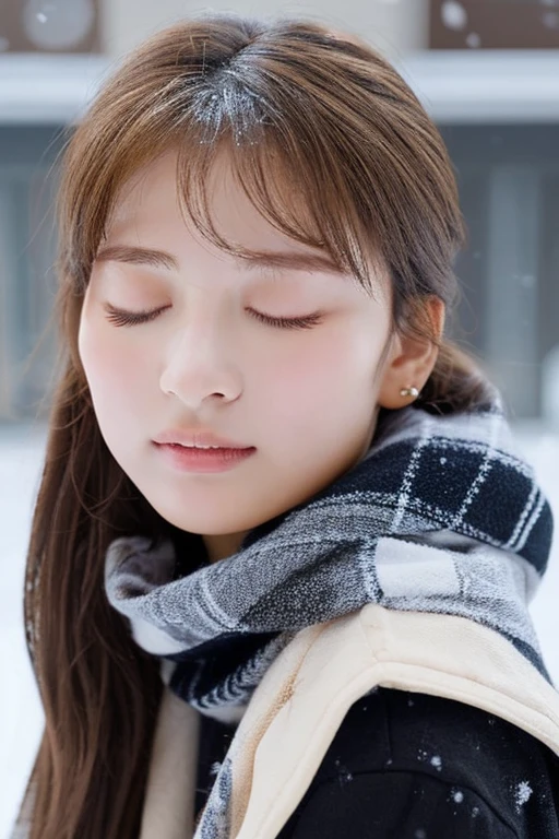 one girl, (a beauty girl, delicate girl:1.3), (18-year-old:1.3),photograph、
break, software, ((close your eyes:1.8))(scarf, :1.3),blush、blush your cheeks、earrings、round glasses、
break, (symmetrical eyes:1.3),Night station platform、illumination、
break, (snow scene:1.3),((pout:1.3))、Upper grade、high angle、bulging cheeks、
break, small breasts, parted bangs, brown hair, girl,ponytail、Scrunchie、Hair falls on cheek、
break, (Eye and face details:1.0),
break, (masterpiece, highest quality, Super detailed, detailed face, 8K)