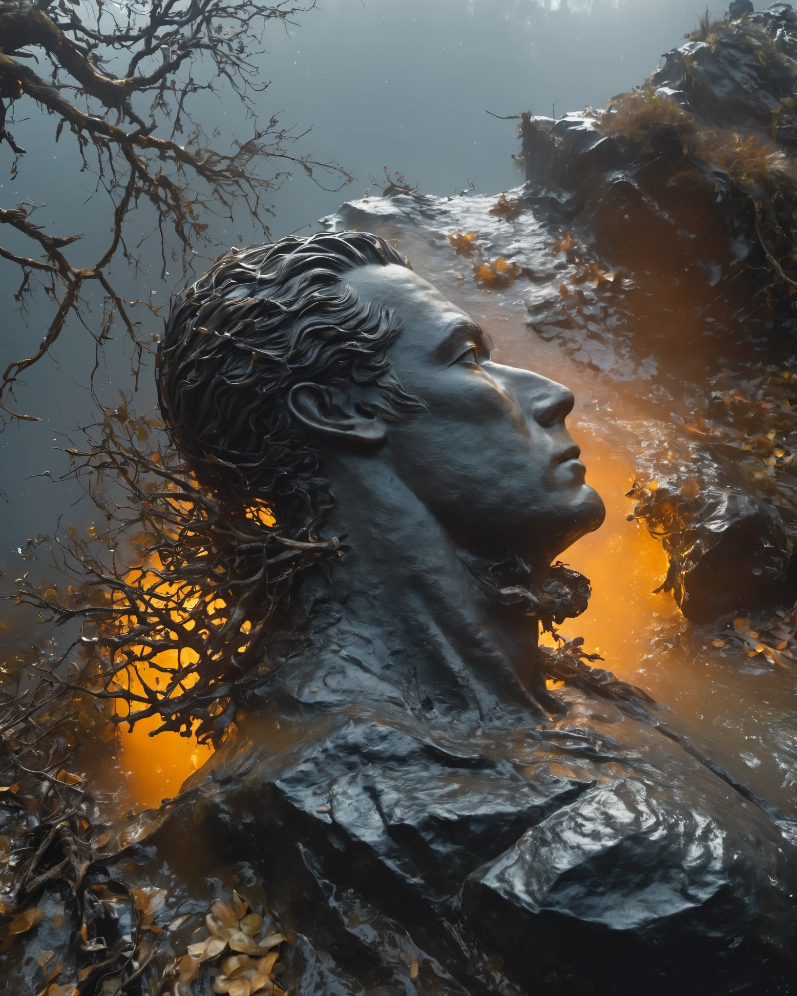 Black and orange background，from above, bokeh, UHD, masterpiece, high details, high quality, award winning, best quality, highres, 16k，
(Looking up angle），Big Dumb Object，（Portrait of huge handsome man head sculpture collapsed in water：1.3），Great Wilderness，Dense fog，old，Dead branches，Art style of Philip Hodas，Matte of the human soul, realism ，BDO works by American digital artist Stuart Lippincott，Use advanced tones and shading，Creates a dazzling and mysterious light，The deep spatial pattern and mysterious atmosphere,Create a sci-fi mechanical god realm,Highlighting the insignificance of human beings，and fear of the unknown，minimalist art，fantasy，Surrealism，