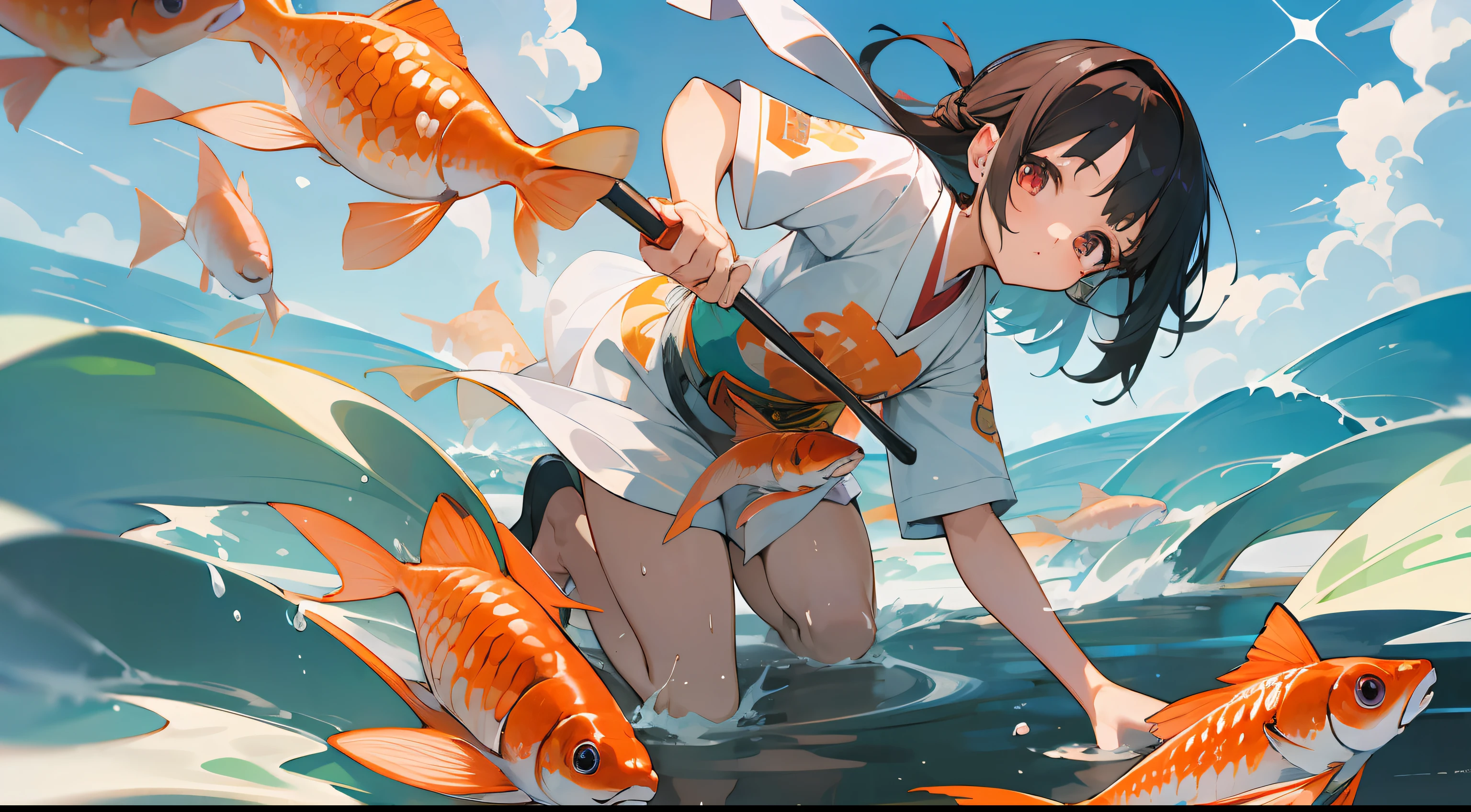 photo, Girls、Japanese, Samples of clothing products, Girl scooping goldfish, Colored contact lenses in her eyes, whole body  , in summer