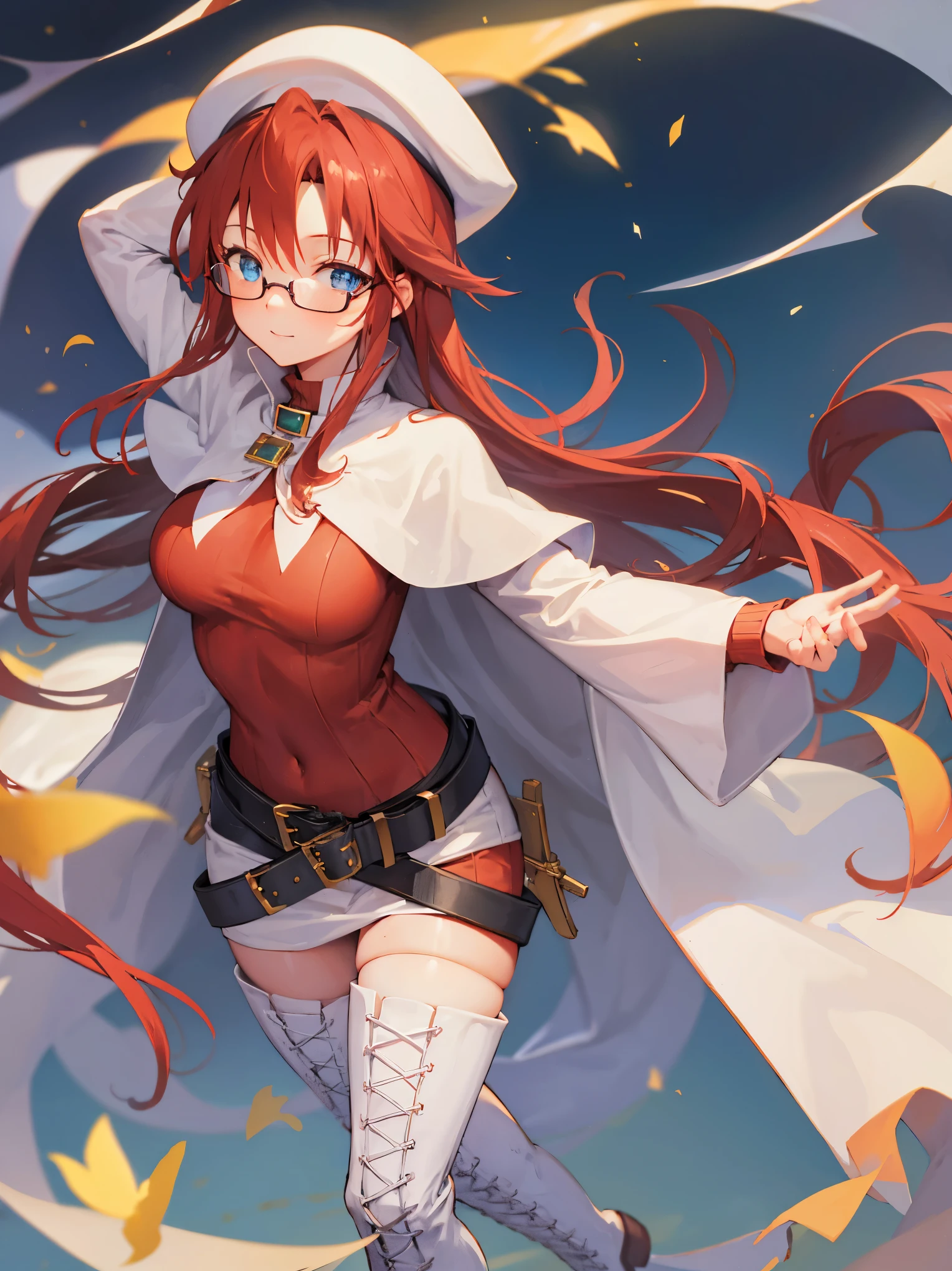 summonnightaty, aty, long hair, blue eyes, red hair, beret, hat, glasses,
BREAK long hair, thighhighs, hat, dress, boots, glasses, belt, cape, sweater, zettai ryouiki, beret, thigh boots, white footwear, ribbed sweater, loose belt,solo,
BREAK outdoors, fantasy_town,
BREAK (masterpiece:1.2), best quality, high resolution, unity 8k wallpaper, (illustration:0.8), (beautiful detailed eyes:1.6), extremely detailed face, perfect lighting, extremely detailed CG, (perfect hands, perfect anatomy),(covered_nipples:1.3),covered_navel,light_smile,dynamic_posing ,walking,(half_eyes:1.2),light_open_mouth,sword,armpit