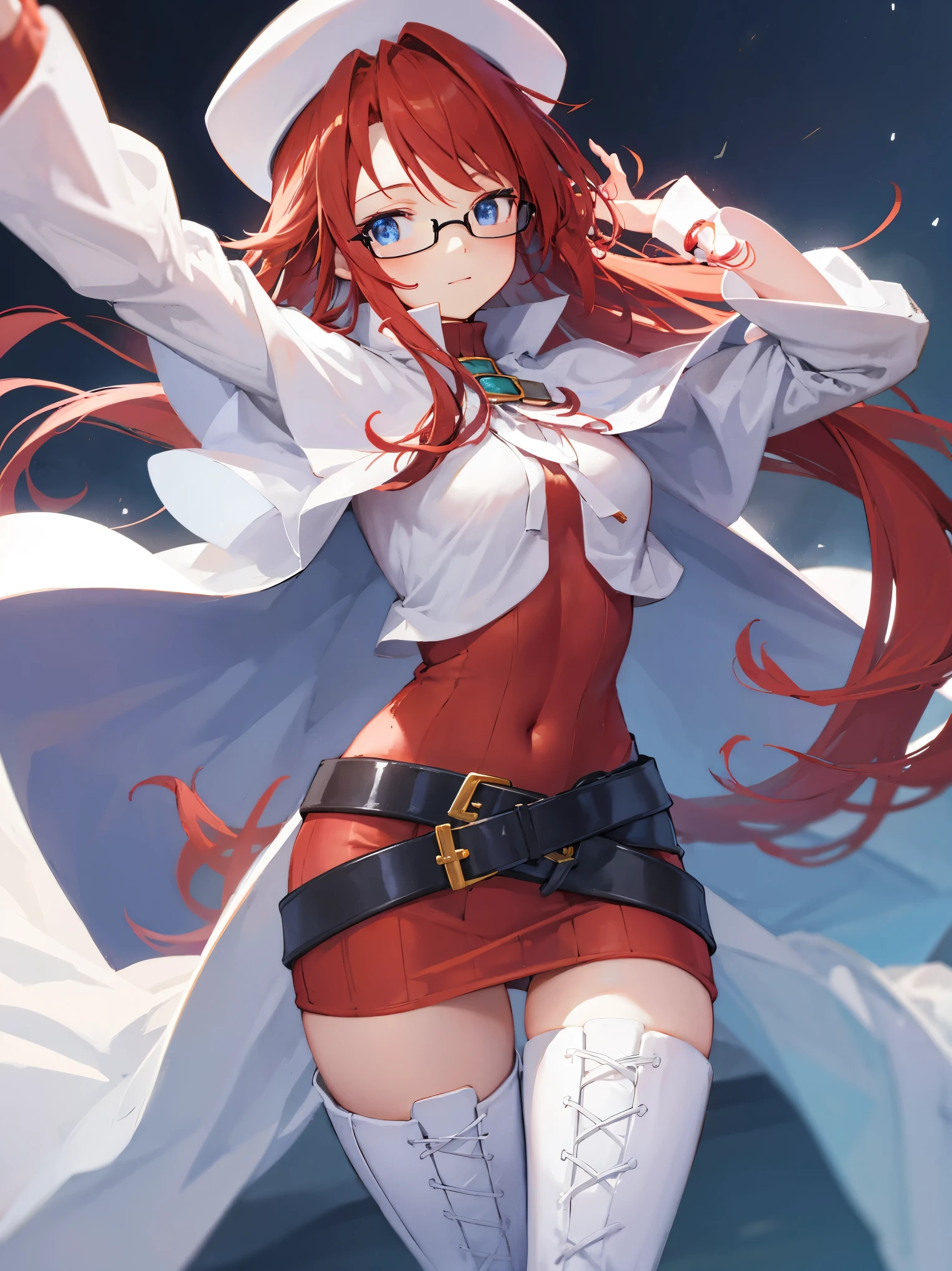 summonnightaty, aty, long hair, blue eyes, red hair, beret, hat, glasses,
BREAK long hair, thighhighs, hat, dress, boots, glasses, belt, cape, sweater, zettai ryouiki, beret, thigh boots, white footwear, ribbed sweater, loose belt,solo,
BREAK outdoors, fantasy_town,
BREAK (masterpiece:1.2), best quality, high resolution, unity 8k wallpaper, (illustration:0.8), (beautiful detailed eyes:1.6), extremely detailed face, perfect lighting, extremely detailed CG, (perfect hands, perfect anatomy),covered_nipples,covered_navel,light_smile ,(half_eyes:1.4),sword,armpit,sleepy,dynamic_standing,barrel,red_sweater,apart_legs,magical_effect,