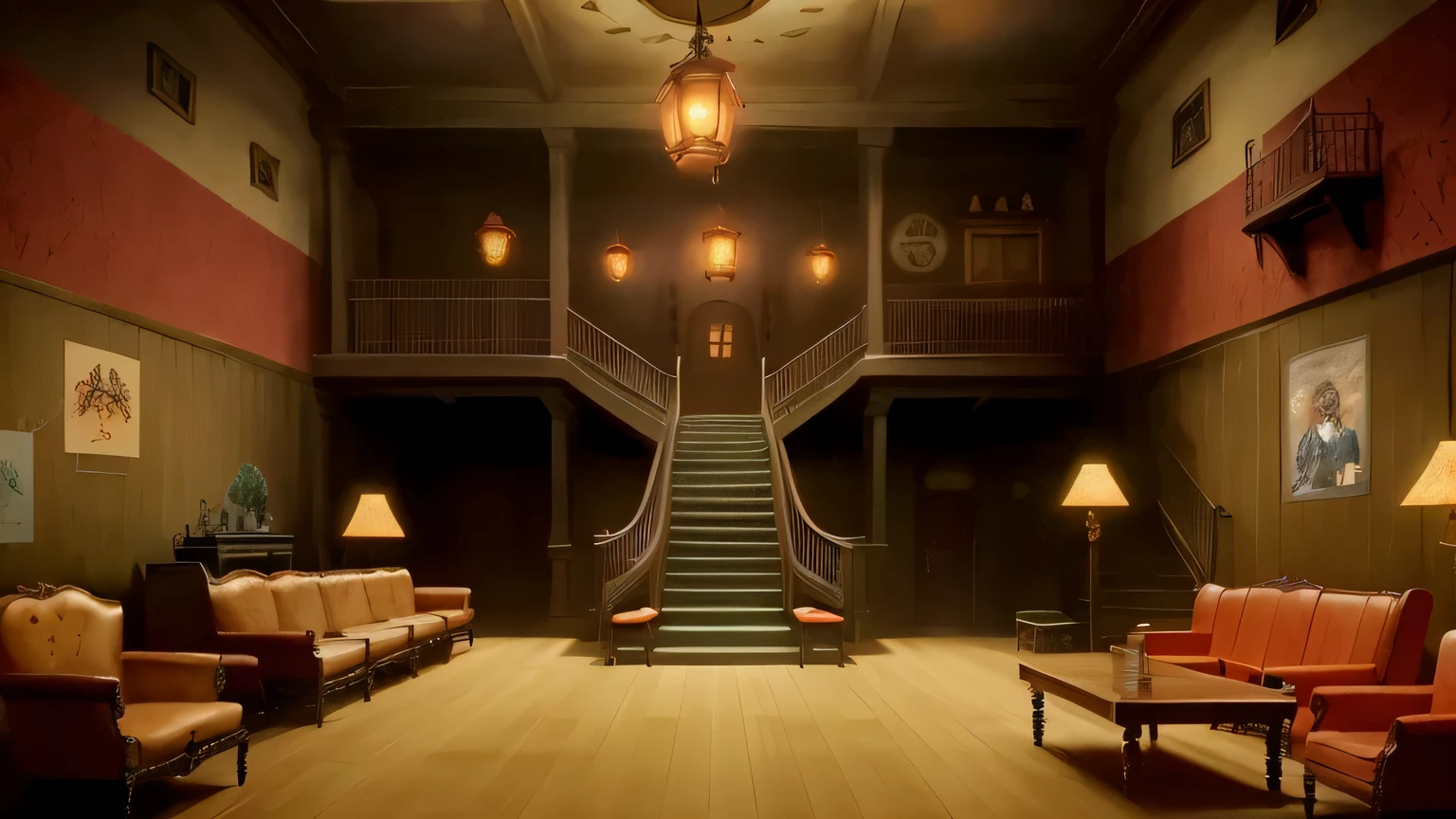 Background, drawing, very large hall, furnished, in an orphanage, furniture, table and chairs, sofa, picture hangings, interior artistic background that enhances the feeling of isolation and mystery, featuring a staircase leading to the upper floor, lamp lights illuminate the hall and create a dark and pleasant atmosphere, anime style The Promised Neverland, Anime Wallpaper Art, Mono Na Nana Style, Studio Ghibli Environment, Studio Ghibli Style, Closed and Scary Place, Lamp Lighting and Mysterious and Detailed Textures, Anime Scene Concept Art, Studio Ghibli Style, Cozy Old Victorian Style Loft, Place to Book The characters are terrifying