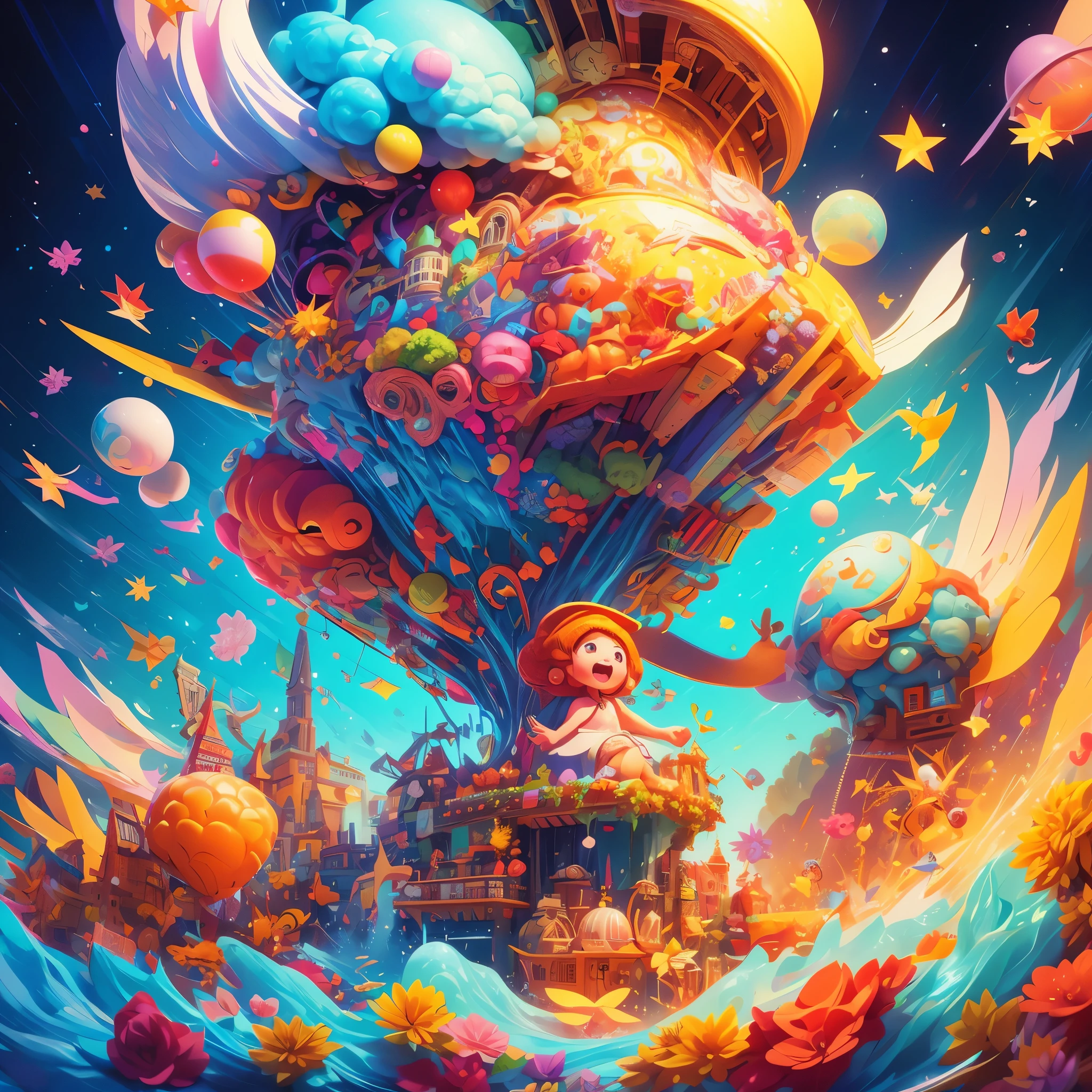 An illustration that looks like the cover of a picture book depicting dreams.、
Vibrant and imaginative illustrations、The main character's child has his own personality、curiosity、Surrounded by elements that represent dreams。Children are depicted trying to cope with the challenges and problems they face.、There are close friends there.々and symbols of encouragement are supporting the child。Throughout、 growth、Self-discovery、It represents the journey to realizing a dream.、On the other hand, there are also hidden hints that lead to messages and lessons that parents want to convey to their children.。
For a dynamic composition、A magical world that tickles children's imaginations is expanding.。The colors are vibrant yet warm.、Heal the child's heart、Predicting a hopeful ending。