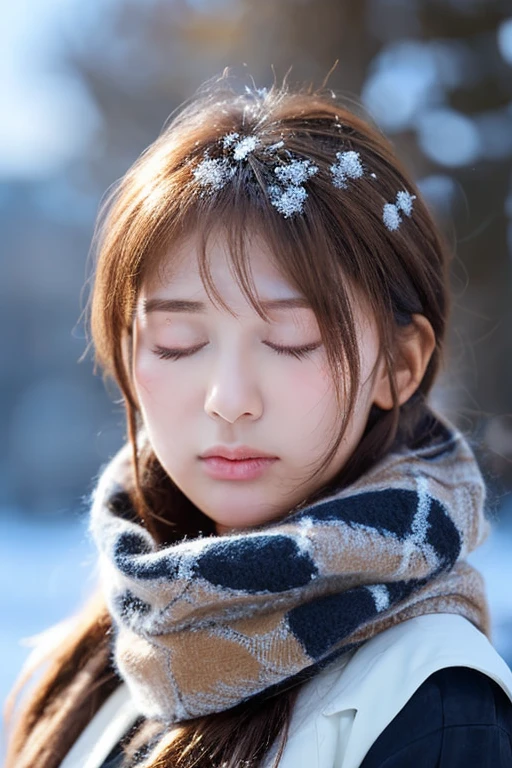 one girl, (a beauty girl, delicate girl:1.3), (18-year-old:1.3),photograph、
break, software, ((close your eyes:1.8))(scarf, :1.3),blush、blush your cheeks、earrings、round glasses、
break, (symmetrical eyes:1.3),Night station platform、illumination、
break, (snow scene:1.3),((pout:1.3))、Upper grade、high angle、bulging cheeks、
break, small breasts, parted bangs, brown hair, girl,ponytail、Scrunchie、Hair falls on cheek、
break, (Eye and face details:1.0),
break, (masterpiece, highest quality, Super detailed, detailed face, 8K)