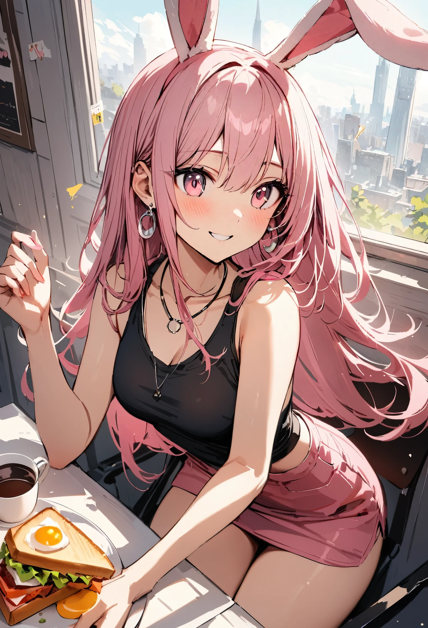 masterpiece, highest quality, Super fine, super fine, 4k, 8K, highest quality, beautiful, cute woman, alone, (beautiful pink hair, beautiful pink eyes, beautiful eyes, long hair, Droopy rabbit ears, smile),
break , breakfast, fried egg,sandwich,coffee,Tank top,miniskirt necklace, earrings, accessories, 
great lighting, bloom, Exceptional resolution, Super detailed, highest quality, High resolution, Audio Notes,