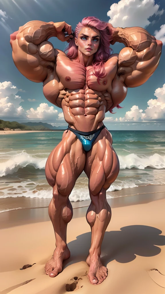 (1 girl:1.25), (cara delevingne:1.25), (a photo of a bodybuilder girl wearing latex panties on the beach:1.25), (long pink hair:1.25), (huge upper body:1.25), (wide shoulders:1.25), (huge muscular arms:1.25,) (10-pack abs:1.25), (lots of veins:1.25),Realistic, Very detailed face and eyes, masterpiece