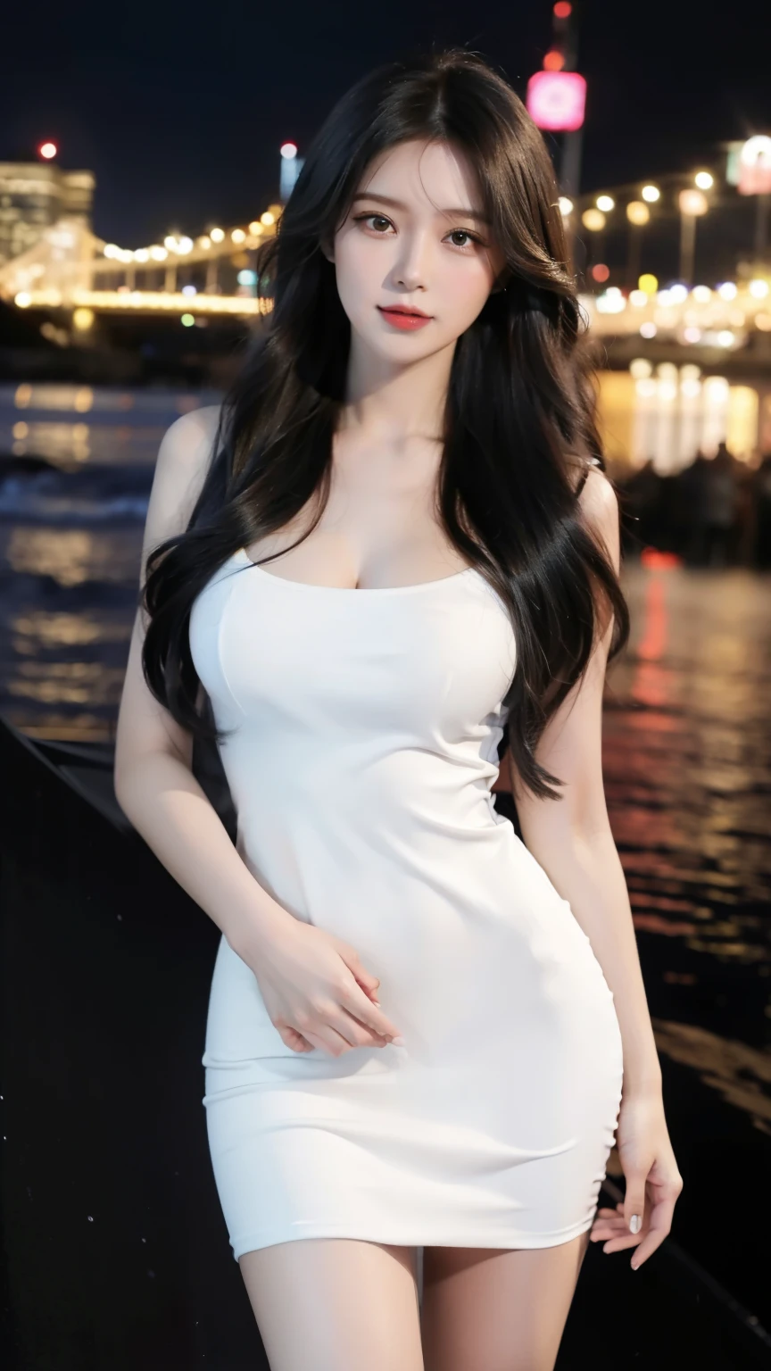 "Enter a world of unparalleled beauty and realism, as the heart of this image is brought to life in stunning 8K quality. The girl's shapely figure is emphasized by her flowing black hair falling in soft waves across her bright white skin. The dress shimmers in the outdoor night scene. Every detail, from her beautiful eyes to her double eyelids, is accurately captured. and style."