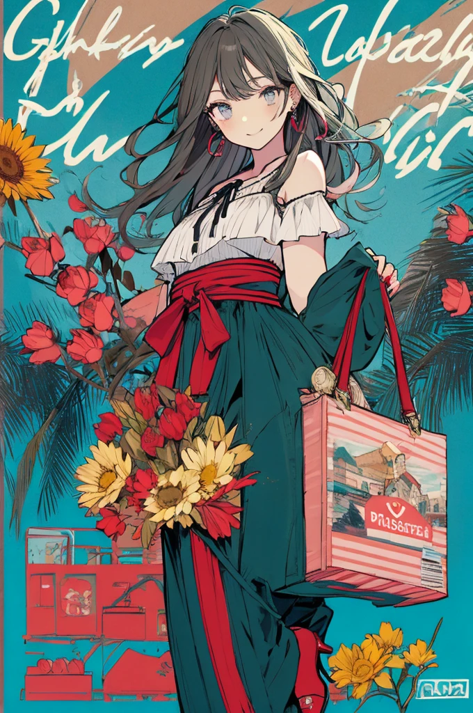 (masterpiece:1.2), highest quality,pixiv,sweet girl , 1 girl, flower, cup, have, bob hair, gray hair, bag, high heels, food, jewelry, earrings, looking at the viewer, smile, holding, long hair, inner color、alone, fruits, pants style, flower柄のshirt、handbag, gray eyes, Colorful shoes, bird, yellow flower, envelope, english text, full body, white flower, shirt,Are standing, cherry blossoms、colorful background、(masterpiece:1.2), highest quality,pixiv,sweet girlのポートレート, 1 girl, teddy bear, うさぎのstuffed toy, stuffed toy, alone, holding, have, holding stuffed toy, heart, bow, hair ornaments, sign, earrings, jewelry, Upper body, striped, Black headband, looking at the viewer, have bow, closed mouth, bangs, bare shoulders, hair between eyes, box,, brand hair, striped bow, gift, blue eyes, garden background, Alice, chocolate, ribbon, Braid, nail polish, shirt, wrist cuffs, gift 箱, black bow, Blue dress, white apron、two tone background, vertical stripes, hair ring, smile, long hair 、full body、whole body、